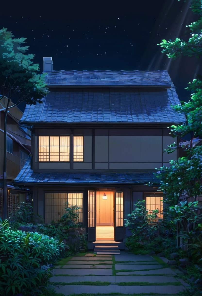 Create an outside of the back of a house in an anime style at night in the center as if someone is watching