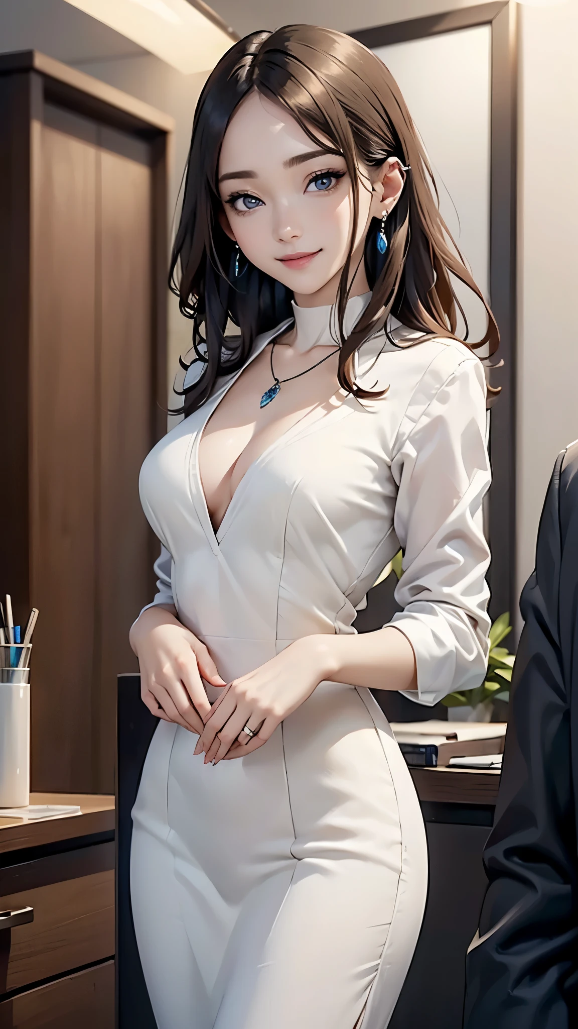 ((Biologically correct limb and finger count))、((standing position))、masterpiece、((focus on the face))、((Symmetrical facial features))、Eyes with detailed description、Beautiful woman、outstanding style、Detailed depiction of faces、earrings、necklace、(uniform、suit）、smile、OL、Office work scene,