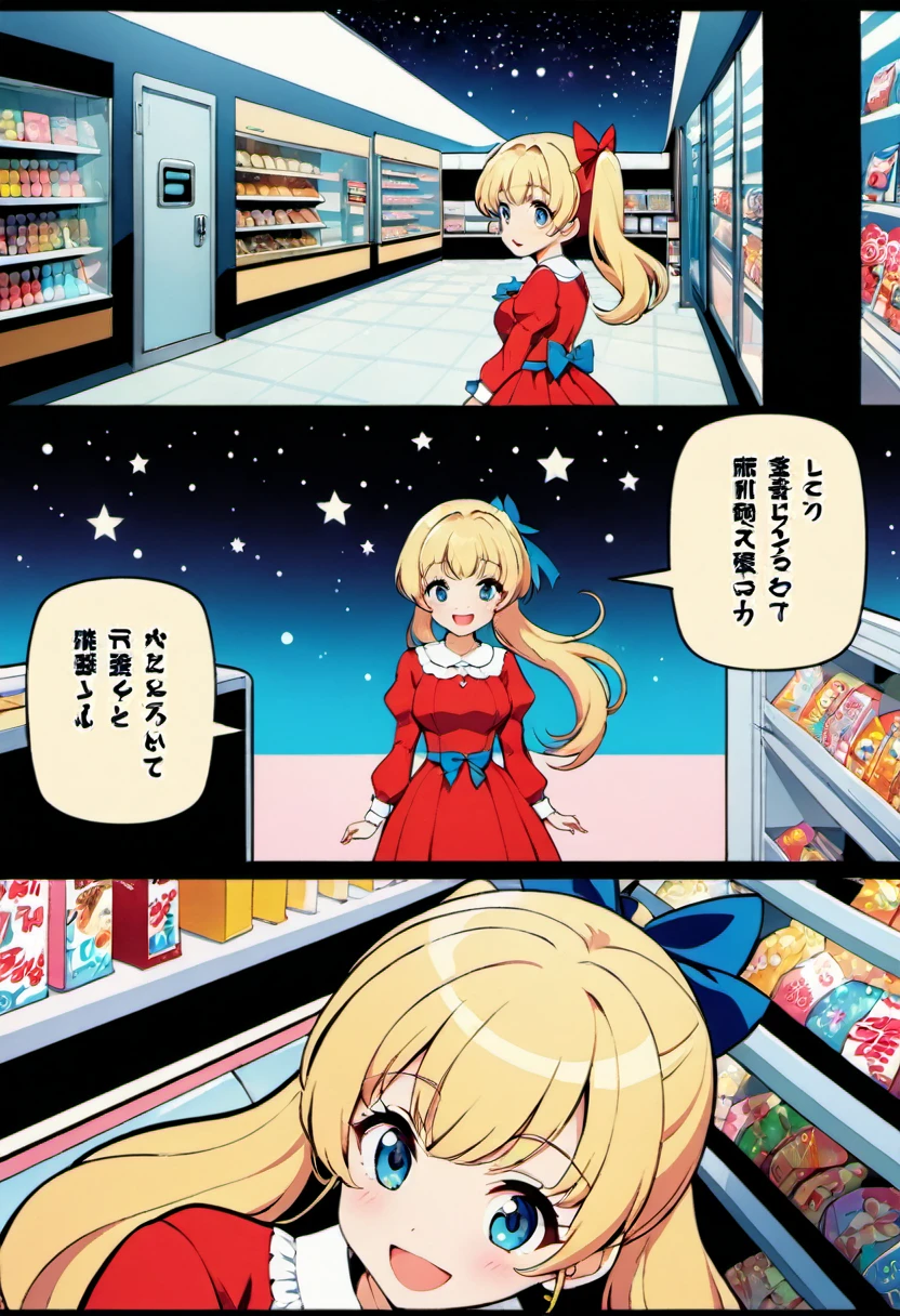 Candy Candy\' by Toei Animation, detailed art style, vintage aesthetic, emotional melodrama, inspired by Keiko Nagita and Yumiko Igarashi's original manga, in a midnight convenience store, starry night, vignettes, comic, dress, blonde_hair, twintails, boots, flower, bow, open_mouth, red_dress, hair_bow, frills, retro_artstyle, ribbon, smile, blue_eyes, long_hair, long_sleeves, full_body