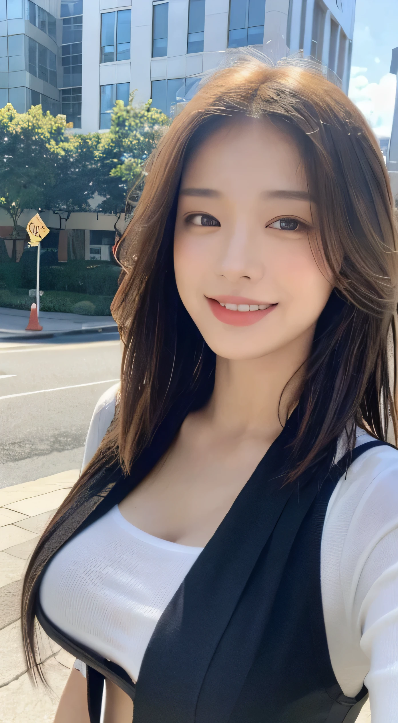 ((best quality, 8K, masterpiece:1.3)), focus: 1.2, perfect body beautiful: 1.4, buttocks: 1.2, ((layered hairstyle, breast: 1.2)), (wet clothes: 1.1), (rain, street:1.3), tube top dress: 1.1, Highly detailed facial and skin textures, narrow eyes, double eyelids, whiten skin, long hair, (shut up: 1.3), Smile