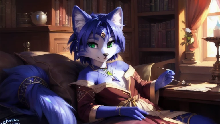 A beautiful and detailed (sweet portrait) von ((Krystal)), Sternenfuchs Krystal, Schlank, liebenswert, Green eyes, Small breasts, fantasy robe, Dekollete, Grinsen, hoch schauen,, Anthro, Pelzig, holografischer Bildschirm, Hochgeladen E621, detailed flauschige fur, (von Fluff-Kevlar, Bayard Wu, personalami, Pino Daeni), detailliertes Gesicht, (flauschige), 1girl, Allein, kein Wasserzeichen