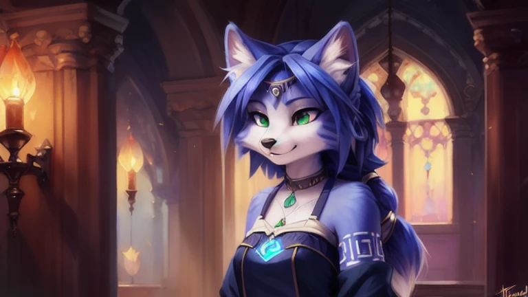 A beautiful and detailed (sweet portrait) von ((Krystal)), Sternenfuchs Krystal, Schlank, liebenswert, Green eyes, Small breasts, fantasy robe, Dekollete, Grinsen, hoch schauen,, Anthro, Pelzig, holografischer Bildschirm, Hochgeladen E621, detailed flauschige fur, (von Fluff-Kevlar, Bayard Wu, personalami, Pino Daeni), detailliertes Gesicht, (flauschige), 1girl, Allein, kein Wasserzeichen