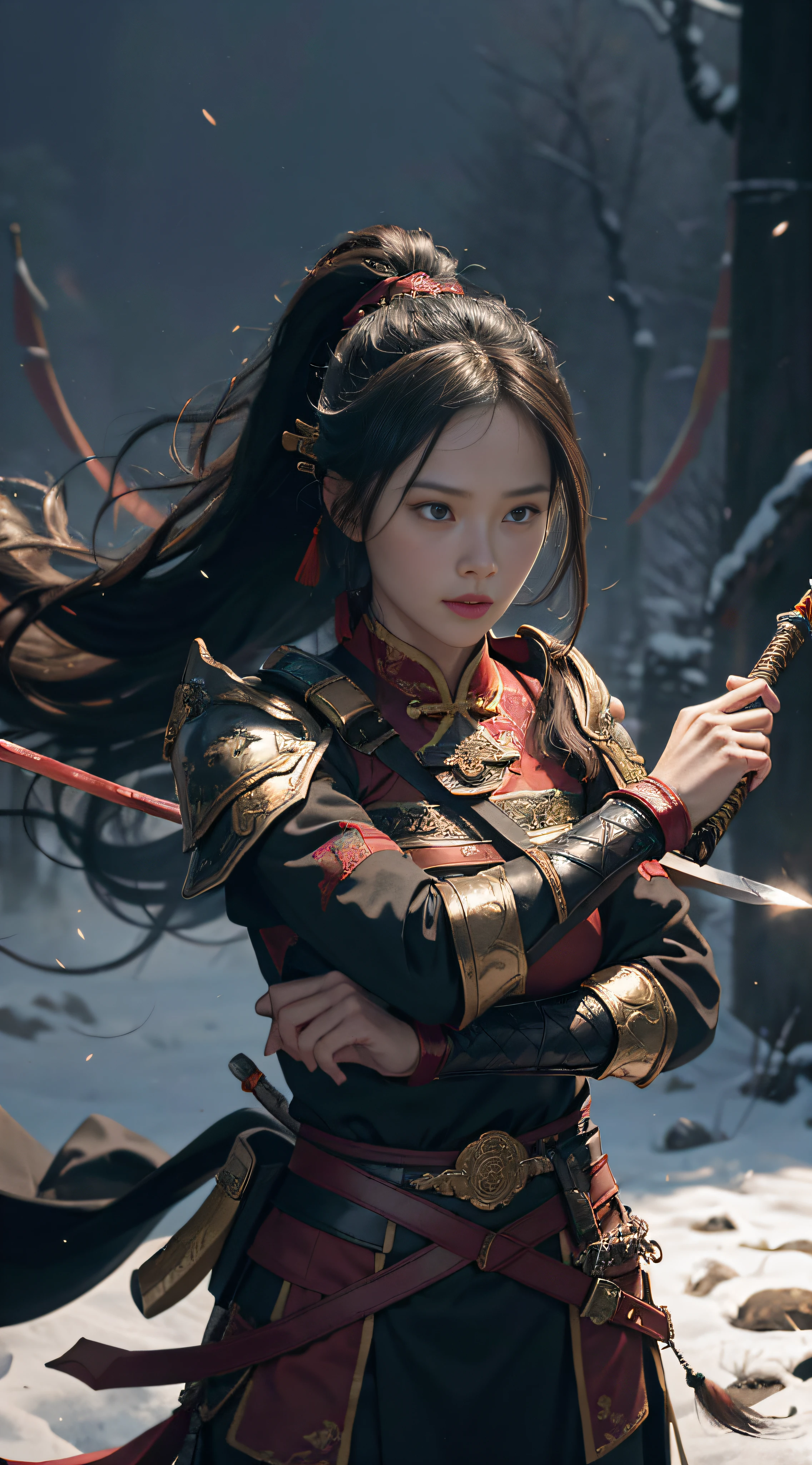 (Positive Focus), (In the Dark: 1), (Best Quality), (Realisticity: 1), Movie Poster, Realistic Skin Texture, Highly Detailed, 8k Wallpaper, Volume Lighting, Dynamic Lighting, A Girl, Long Black Hair, Ponytail, Black Metal Armor, Red Belt, Black Armor, Shoulder Armor, Waist Guard, Hand Guard, Veil, Holding a Long Sword in front of Body, Ancient Chinese Style, Short Sword at the Waist Attacking Posture, Lots of Blood, Damaged Clothes, Ancient Chinese Battlefield, A Group of Ancient Soldiers Chasing and Killing, Arrows Flying, War, night, dramatic composition, sword qi surrounding, rich picture detail, war, movie lighting,