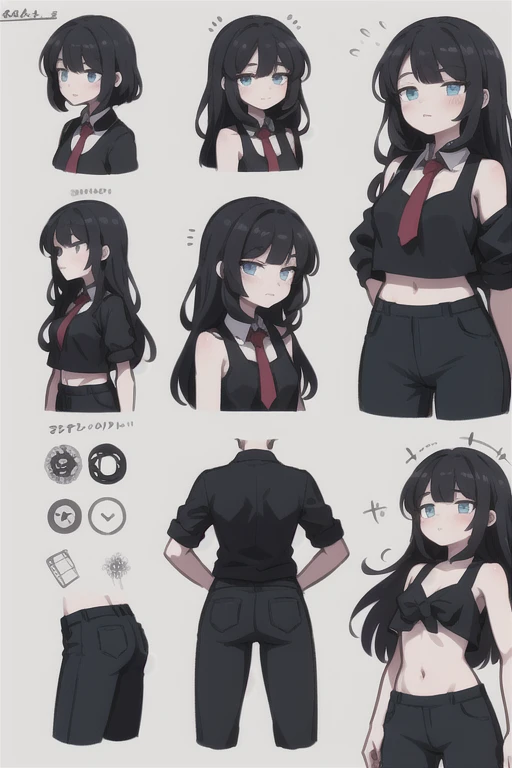Masterpiece,Best quality, Perfect lighting,extremaly detailed cg,unified,8K wallpapers, Detailed face, CharacterDesignSheet，perfectly proportions，character  design（reference sheet：1.5）, model sheet, (multiple views [full bodyesbian|From behind|From the side Side|from the front side|Close-up|Upper body|Portrait]:1) anime babe ，The upper part of the body，Beautiful facial features，Beautiful face，white skin，Glowing red，（Red eyeshadow，largeeyes，blue eyes，In the glow：1.5），（black gradient hair，Tie-ball heads：1.2），exaggeration，Delicate hairstyles and headdresses, black tank top crop top, grey sweat pant's, Swinging with the wind，（The neck of the mechanism，Mechanical hands on chest：1.5），Semi-mechanical normal legs，simplebackground，with black background