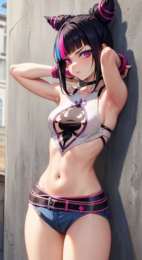 Juri Han,Masterpiece, Best Quality, 1girl, report, crop-top, jean shorts, Choker, (graffiti:1.aint splatter, (Hands Behind Your Back), Against a wall, looking a viewer, A bracelet, thigh strap, Paint on the body, tilt of head, bored, fiery hair color, Rainbow-colored eyes,juri han,rosto yandere,brava,Olhando para o Viewer, Serious, irritado), Rosto detalhado
