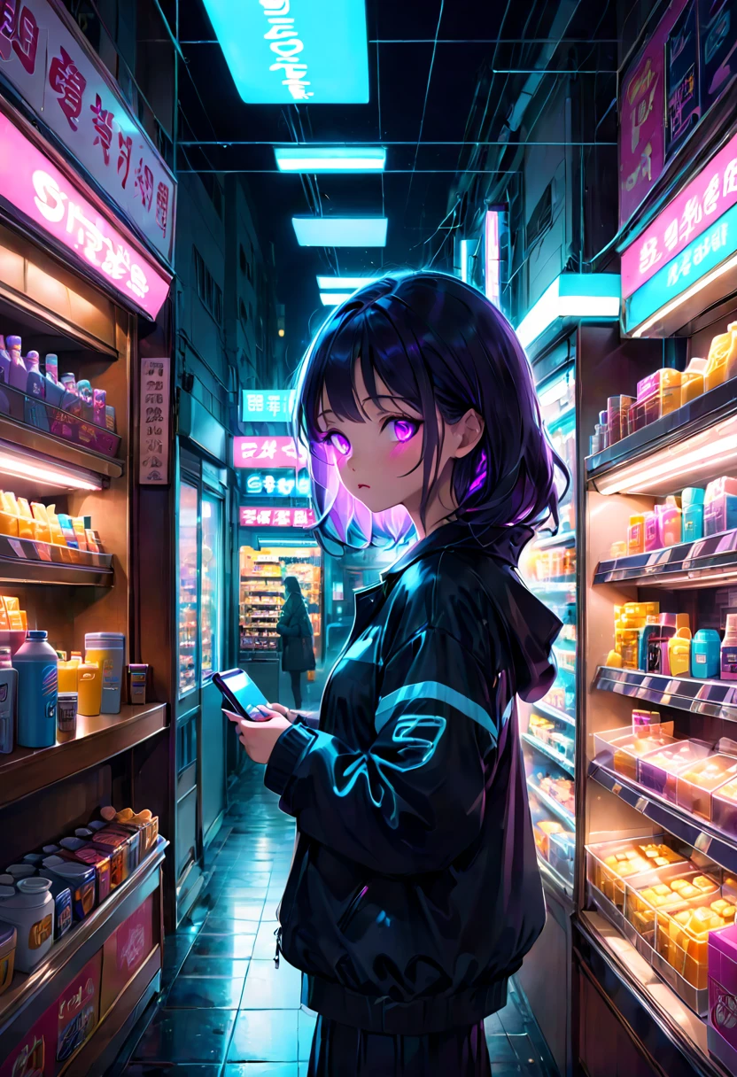 1girl, midnight convenience store, aesthetic, Neon Night page, vibrant city lights, dimly lit shelves full of snacks and drinks, a cashier with tired eyes, fluorescent lighting casting a soft glow, late-night customers browsing the aisles, flickering neon signs outside the store, a sense of mystery and solitude, a hazy atmosphere with a touch of nostalgia, cinematic and atmospheric, high-res details capturing the smallest nuances, a combination of realism and dream-like quality, urban aesthetic blending with a hint of surrealism, cool blue and purple tones, soft shadows and subtle highlights, an ambiance that evokes a sense of tranquility and possibility in the midst of the night.