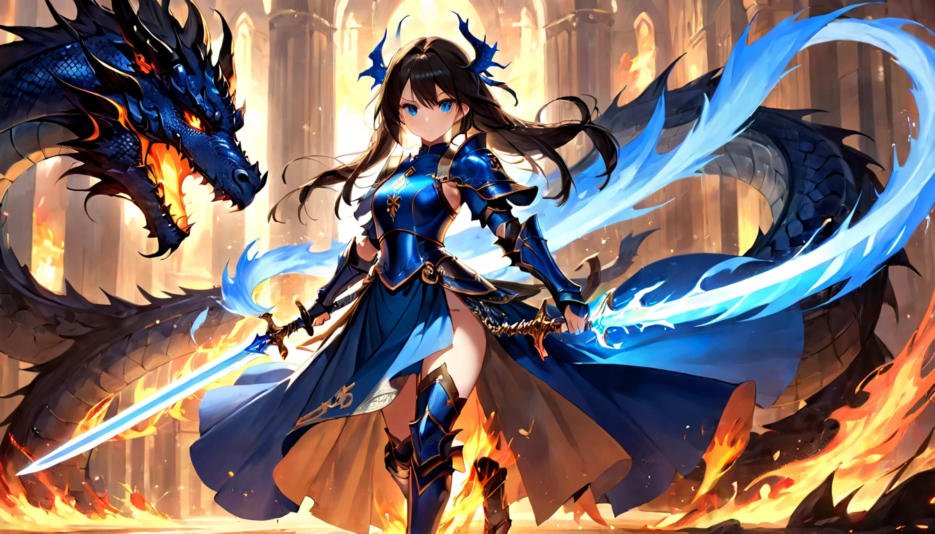(masterpiece, best quality, very aesthetic, absurdres,general) , 1girl, solo, A girl with a long double-edged straight sword, a blue knight's armor, the dignified face of a fighter, a long skirt, beautiful eyes seen by the calves, and a burning dragon.