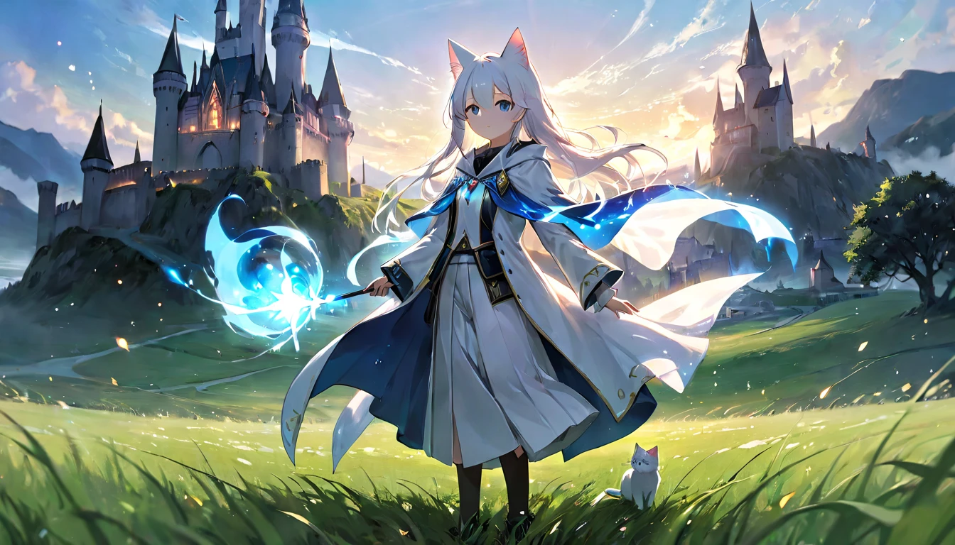 (masterpiece, best quality, very aesthetic, absurdres,general) , 1girl, solo, white wizard's cloak, long wizard's trousers,very shot skirt:1.2),The girl is using magic,cute girl、Girl with clear eyes、Straight long hair,cat ear,grassland,Glowing bombed castle
