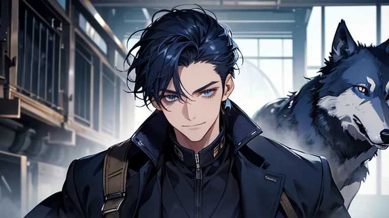 masterpiece, highest quality, confused, male,dark blue hair, low ponytail,Black and navy blue pilot suit,expensive,,Carrying wolves,He has a navy blue coat draped over his shoulders.,There'There'there's no one behind me,dark blue eyes,smile a little,With the wolf