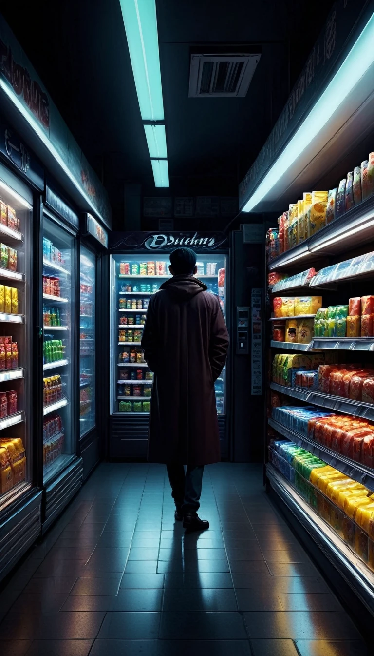 (best quality,highres),ultra-detailed,(realistic,photo-realistic:1.37),dark atmosphere,night scene,midnight convenience store,inside,lonely customer,unusual attire,browsing the aisles,meticulously examining each product label,shadows and fluorescent lights,dusty shelves,faint sound of humming fridge,quiet solitude,ambient street lights,stark contrast between light and dark,deep colors and rich textures,eerie tranquility,unsettling yet intriguing.