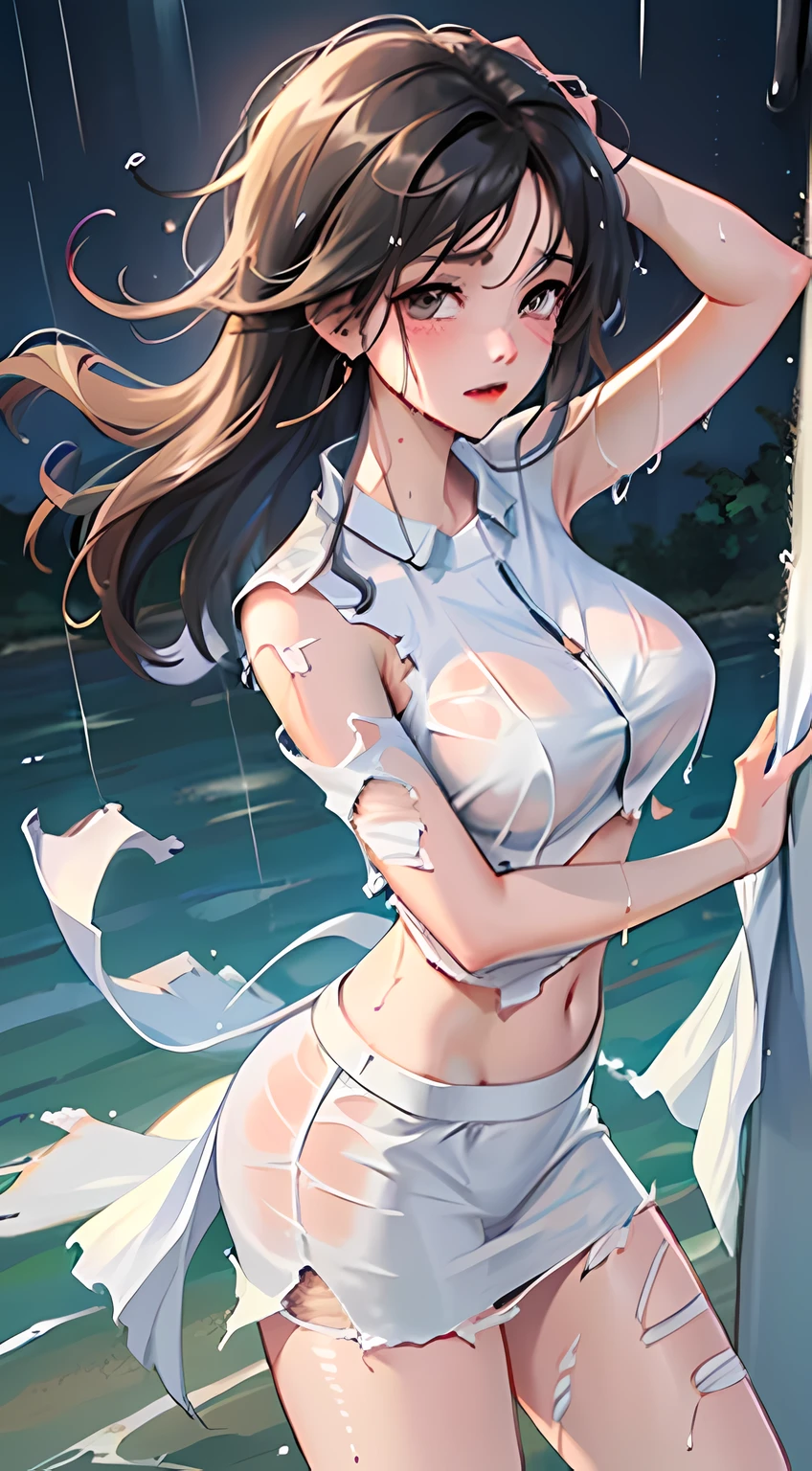 best image quality, masterpiece, super high resolution, (fidelity:1.4), photo, 1 girl, white shirt, torn skirt, white sneakers, dim, darkness, despair, pity, poor, movie, tears, teardrops, (torn clothes:1.5), (wet clothes:1.4), bare shoulders, real rain, wet hair,.., no bra, no panties, big breast