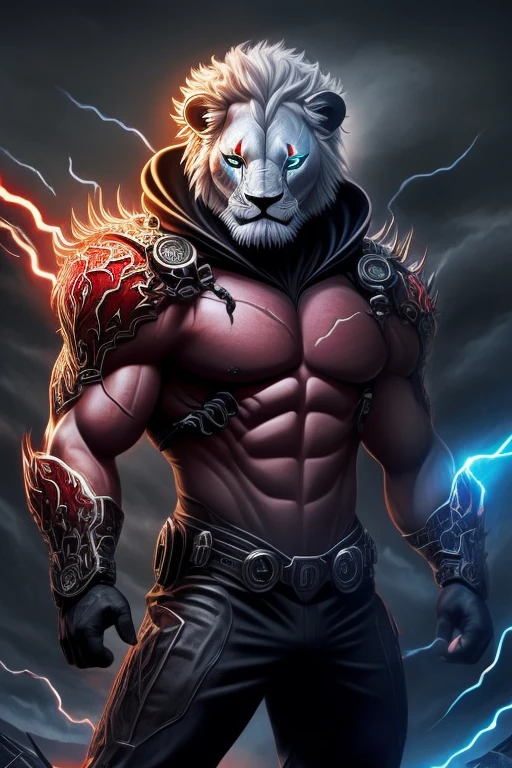 a loin, red shirt with black hoodie, hands in pocket, white skin, glowing red eyes, solo, mechanicl legs, dark night, city fire, red horns, looking like a devil, intricate details, 8k lion details, front two tooth show in face, arc reactor front chest, fire arc reactor, super body like hulk, realistic,charater background yellow and red rang.