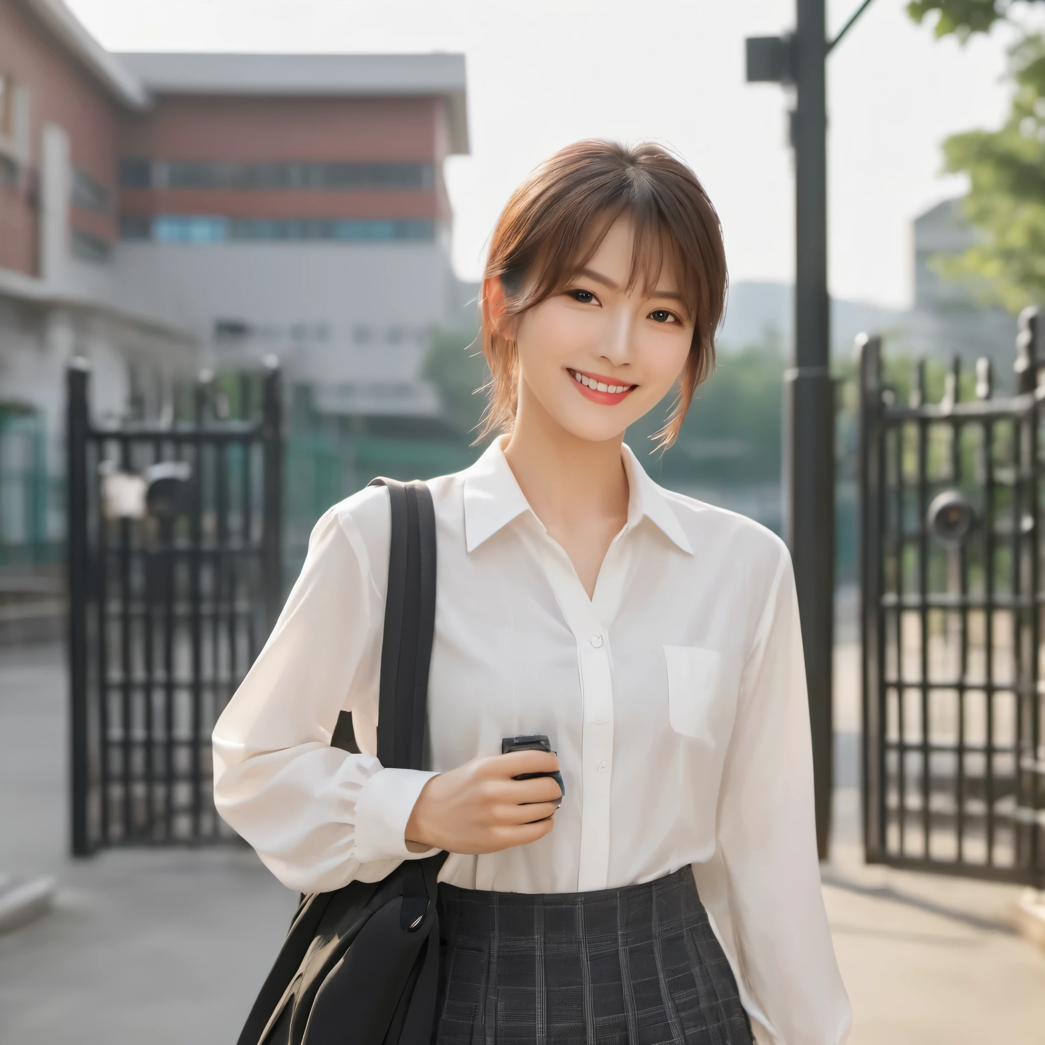 25 year old female, mature woman, ((At the school gate)), ((school uniform)), Raw photo, (photorealistic: 1.37, realistic), Highly detailed unified CG 8K wallpaper, 1 girl, (((perfect body: 1.1)), (medium breasts: 1.2), looking at the viewer, (((straight from the front)))), (headquarters skin:1.2, shiny skin), 8k uh, Digital single-lens reflex camera, soft lighting, high quality, film grain, Fujifilm XT3, ((full body:  0.8)), (professional lighting:1.4) ,