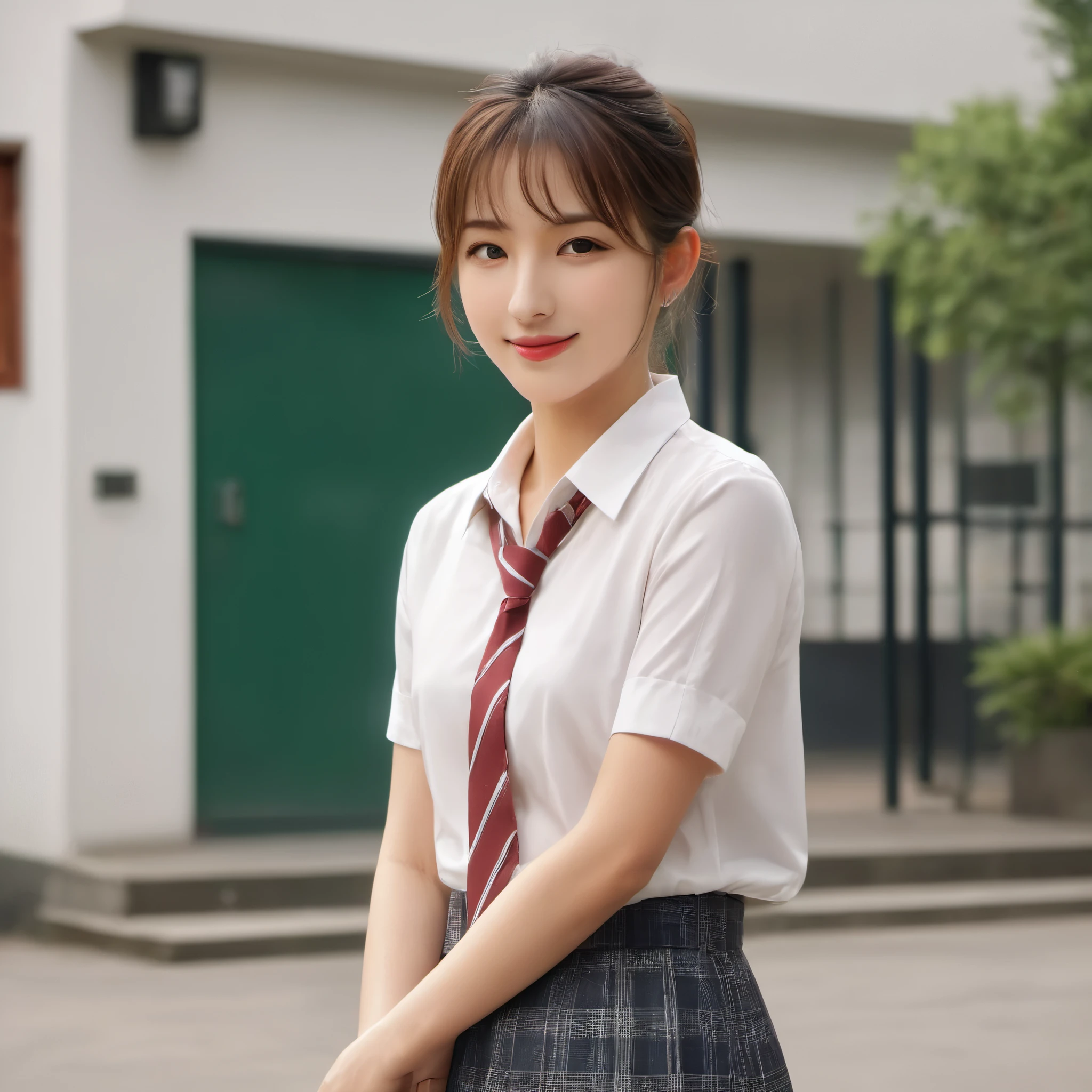 25 year old female, mature woman, ((At the school gate)), ((school uniform)), Raw photo, (photorealistic: 1.37, realistic), Highly detailed unified CG 8K wallpaper, 1 girl, (((perfect body: 1.1)), (medium breasts: 1.2), looking at the viewer, (((straight from the front)))), (headquarters skin:1.2, shiny skin), 8k uh, Digital single-lens reflex camera, soft lighting, high quality, film grain, Fujifilm XT3, ((full body:  0.8)), (professional lighting:1.4) ,