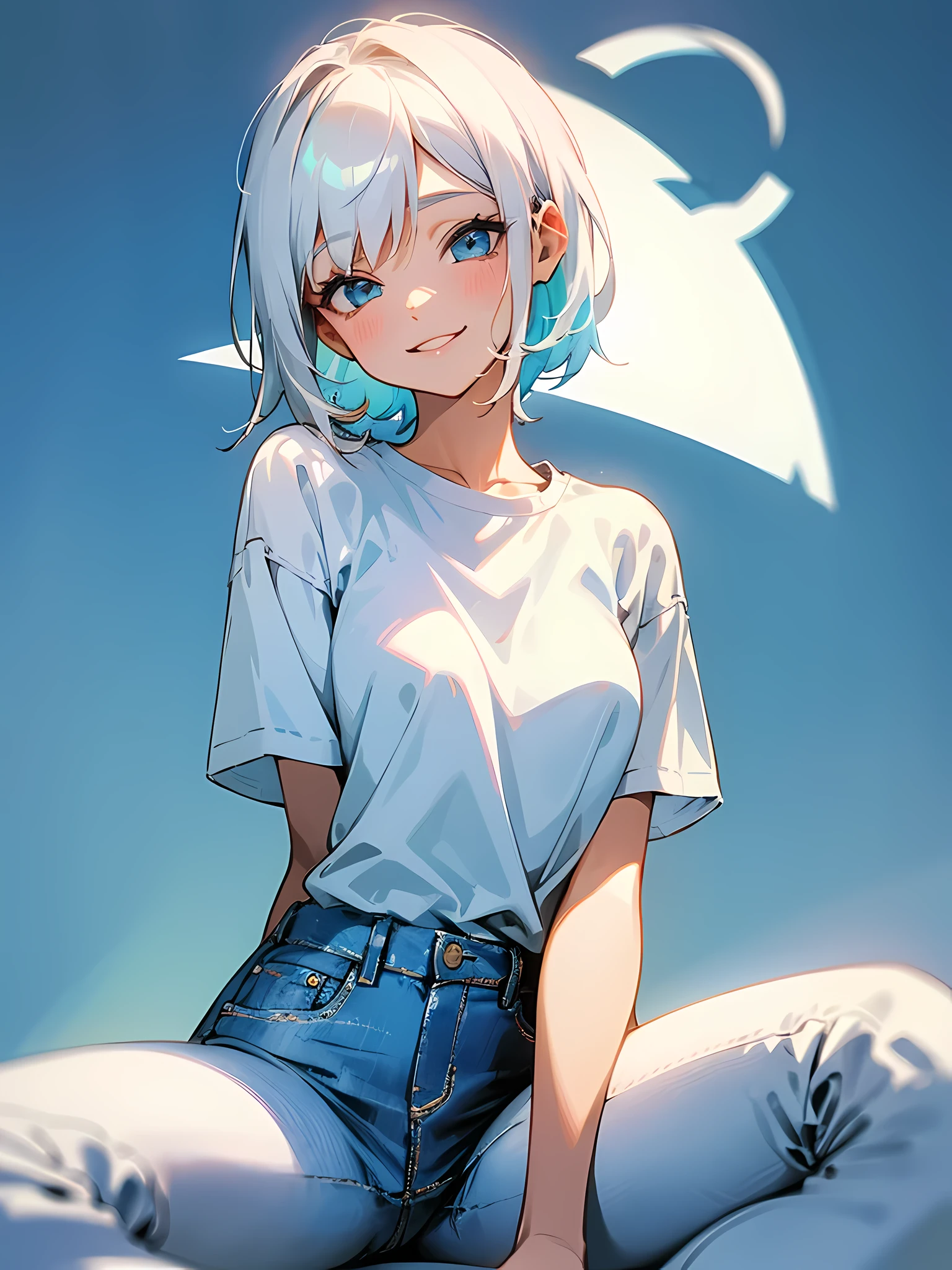 1girl, sitting, white t-shirt with logo name arice, white hair, short blue jeans, beautiful, cute, and smiling