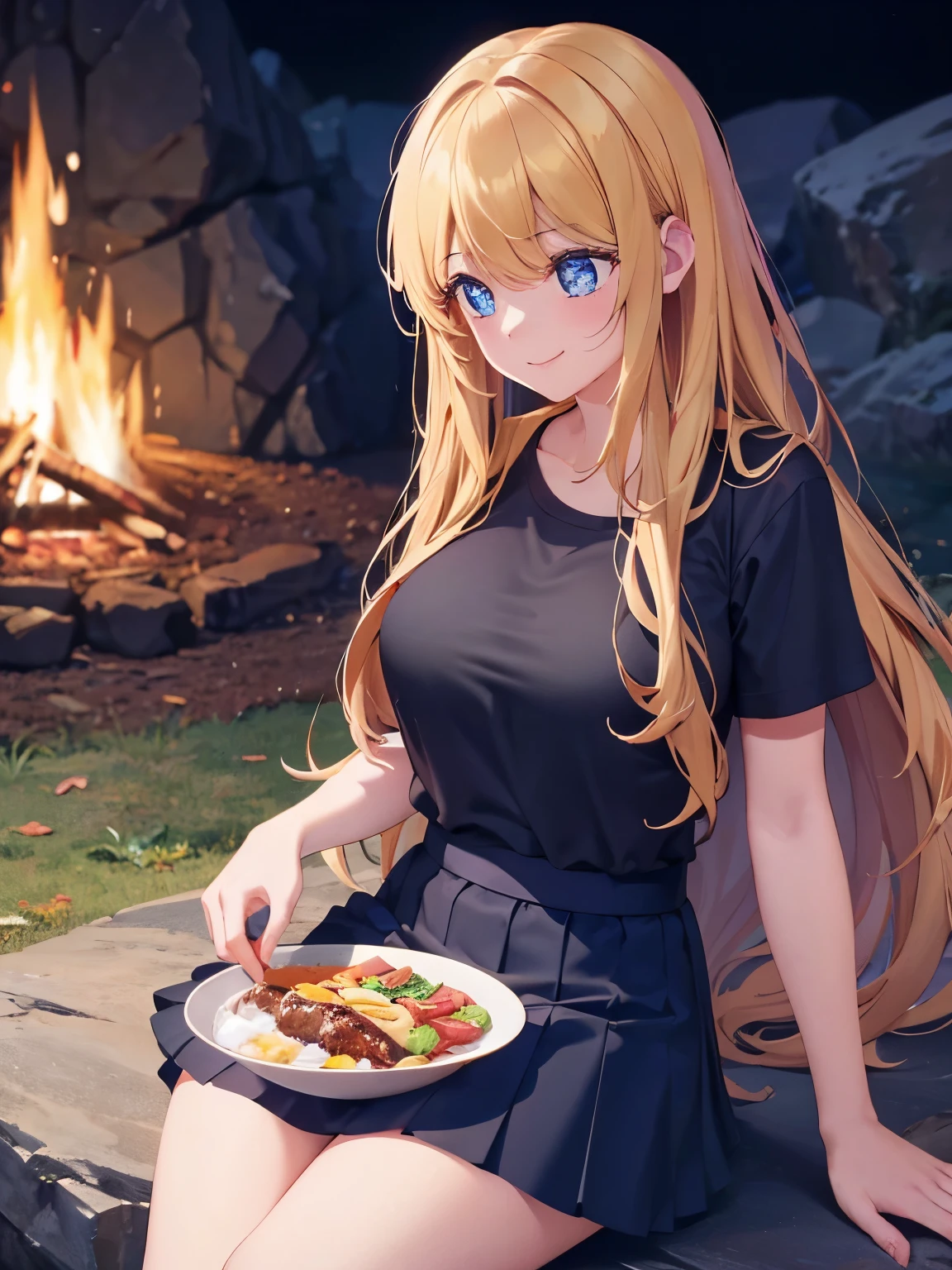1woman,super beautiful,Sitting by the campfire, Eating meat in a bowl, smiling, looking away,in the cave,half body photo,Beautiful eyes, very detailed face,cute, tennis skirt,HD face, perfect face,black t-shirt,black t-shirt,Plain t-shirt,black mini skirt,Very big breasts,Blonde hair,long hair,wavy hair,bangs,blue eyes,ultra detail,ultra Hd, masterpiece,4k