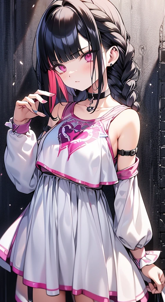 Juri Han,Masterpiece, Best Quality, 1girl, report, crop-top, jean shorts, Choker, (graffiti:1.aint splatter, (Hands Behind Your Back), Against a wall, looking a viewer, A bracelet, thigh strap, Paint on the body, tilt of head, bored, fiery hair color, Rainbow-colored eyes,juri han,rosto yandere,brava,Olhando para o Viewer, Serious, irritado), Rosto detalhado