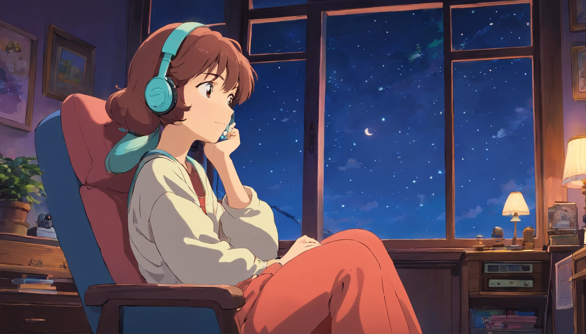 1980s city pop culture。Ghibli anime。night sky。A girl wearing headphones in her bedroom, leaning her chin on her hands and looking outside。relaxing and resting in the chair。A clear picture