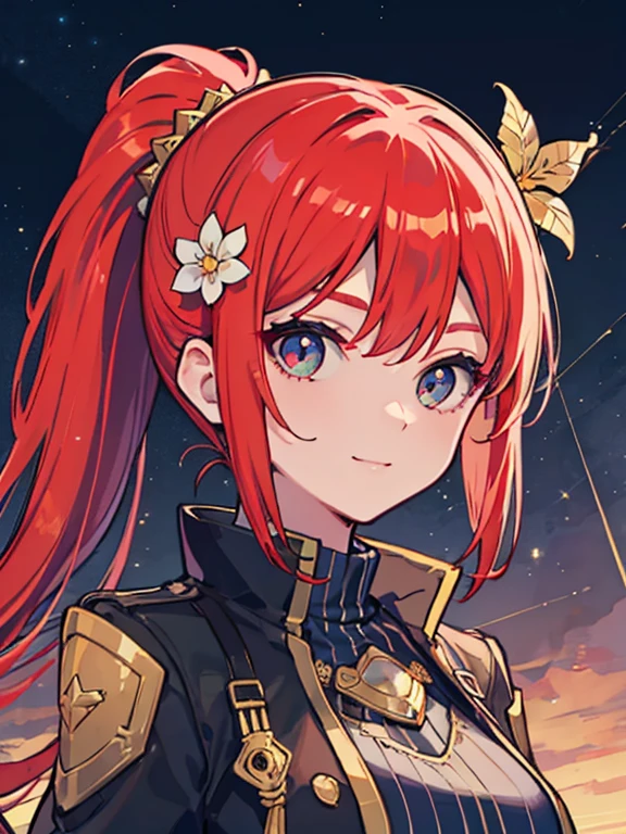 (masterpiece, highest quality,8K quality) adult woman, married woman, red long hair,Tense atmosphere, red long skirt, 黒のロングboots, wife, Wearing black mage robes, 50 year old woman looking away, detailed face, fine eyes, 暗赤colorの目, thin droopy eyes, {{{narrow eyes}}}, Long contour, 白と金colorの髪飾り,boots,ponytail、Bushy hair,Large hair ornament,Gold flower,white flower hair ornament,action movie, cute smile, {{{night sky with multiple shining meteors}}}, Red Moon,Moonlight shining in, dawn, straight bangs, 長い赤毛のponytail, gothic, big breasts, Knee-high portrait, color, cinematic lighting, highly detailed face, detailed face, beautiful face, beautiful eyes, perfect lighting,parted bangs, written boundary depth, realistic proportions, excellent anatomy,makeup gremory, small details. girl'face,destiny style, Trending on Art Station Pixiv, seductive anime woman, Video game, A soft smile with closed mouth, Beautiful woman, {{{A squishy smile}}}, macross style,Futurism, shining light, UHD, retina, masterpiece, Accurate, anatomically correct,five fingers,白と金colorの髪飾り,boots,ponytail、Bushy hair,Large hair ornament,Gold flower,white flower hair ornament