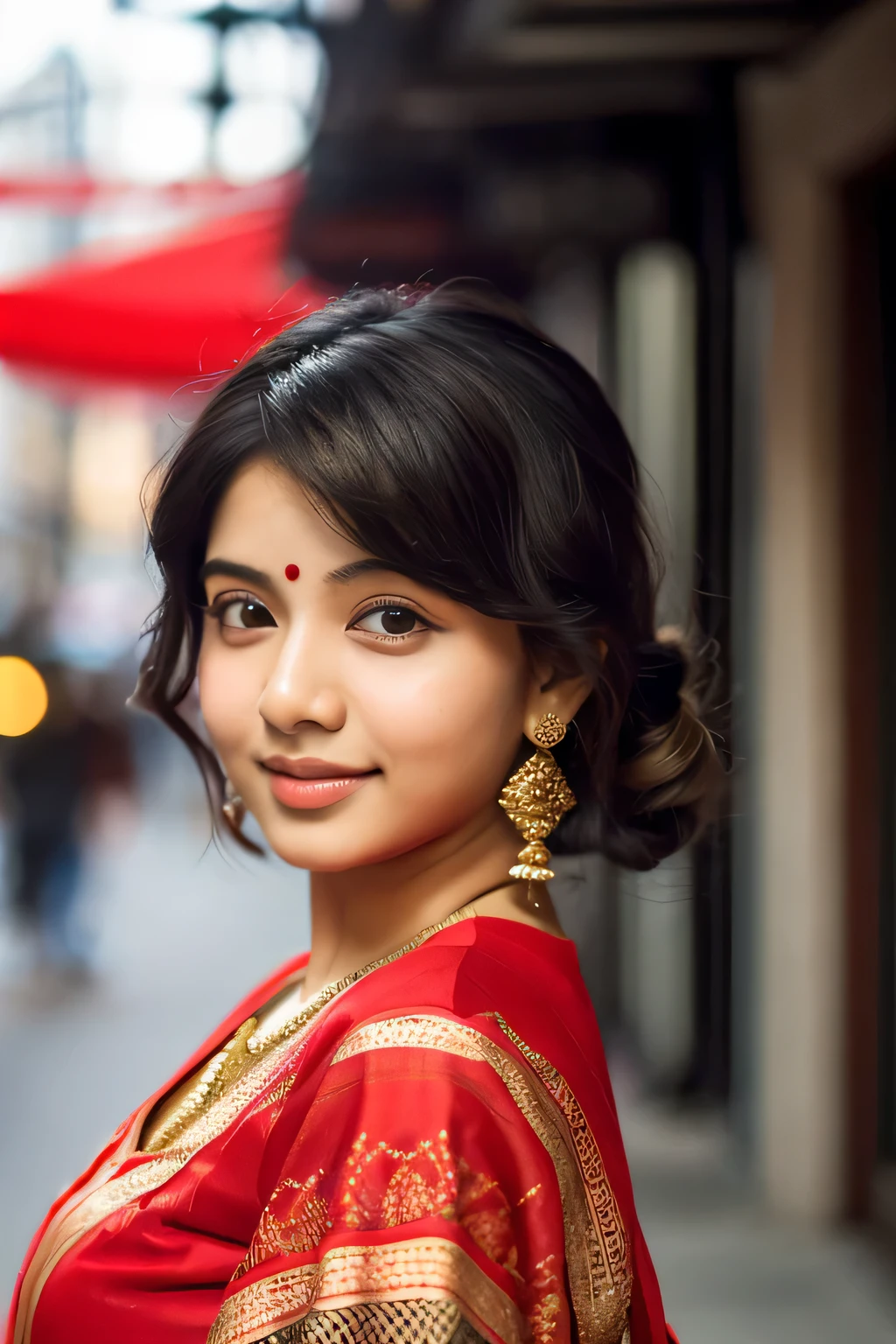 (((desi girl))), chubby face, natural skin, wearing hot deep neck top and red dupatta, charming black hair, ((hair ends are blonde)), city streets background, bokeh