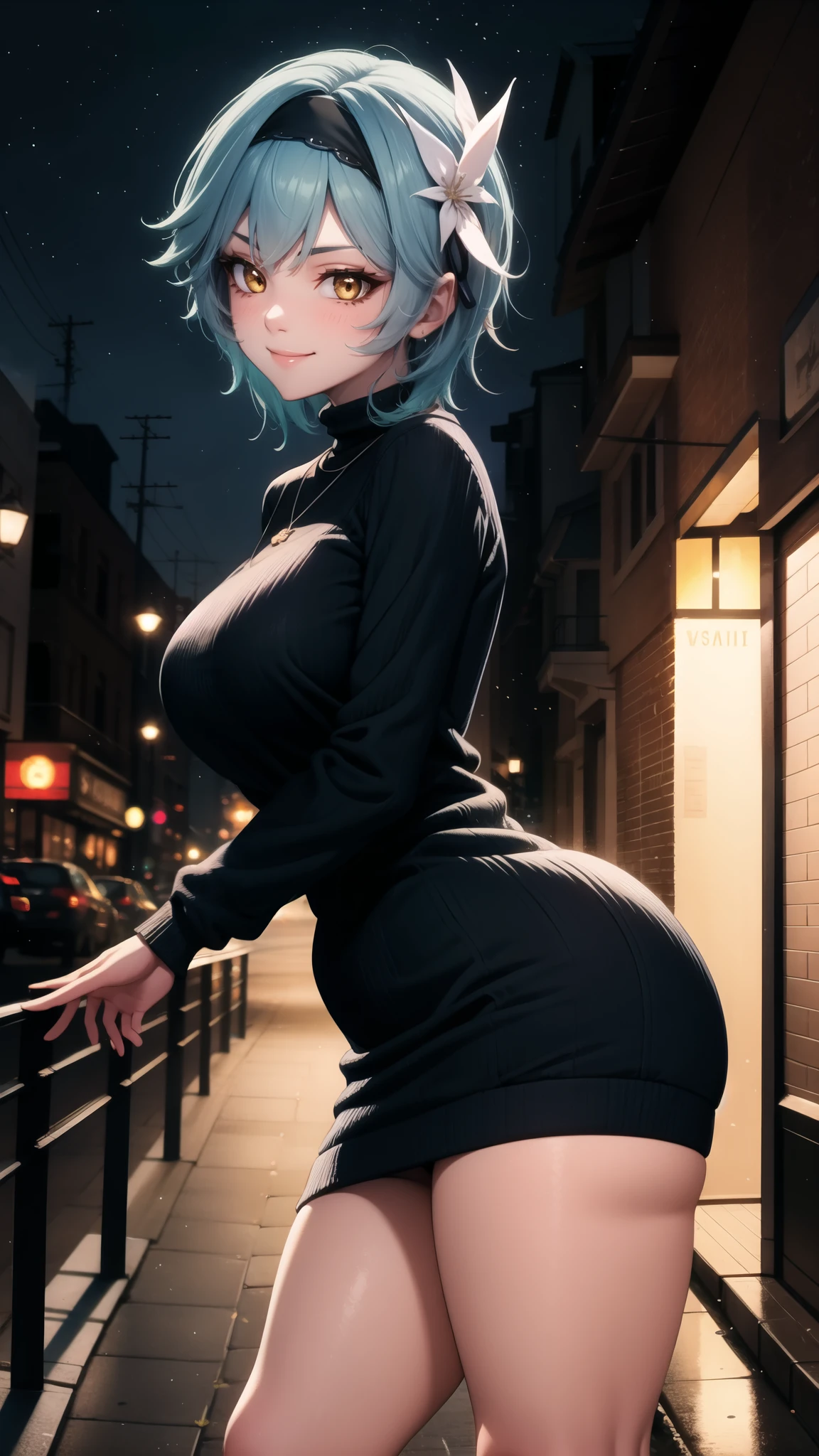 absurdres, highres, highly detailed, (official art, beautiful and aesthetic:1.2), ultra detail, beautiful face, ((mature face)), 1women, Eula, black hairband, blue hair, hair ornament, hairband, short hair, yellow eyes, blushing, loving smile, wide hips, thicc thighs, necklace, long sleeve sweater dress, ((seductive pose)), (city at nights), dynamic lighting, dynamic shadows