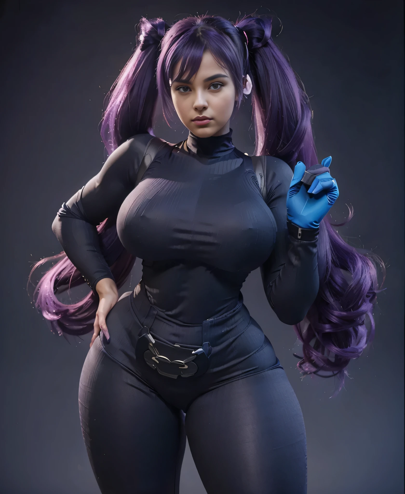 Sexy, pretty, beautiful purple hair woman in a sexy spandex costume, (((curvy accentuated booty))), (((Slim Thick))), (((Skinny))), ((((Ultra Detailed)))), (((Photorealistic))), 8K, exteriors