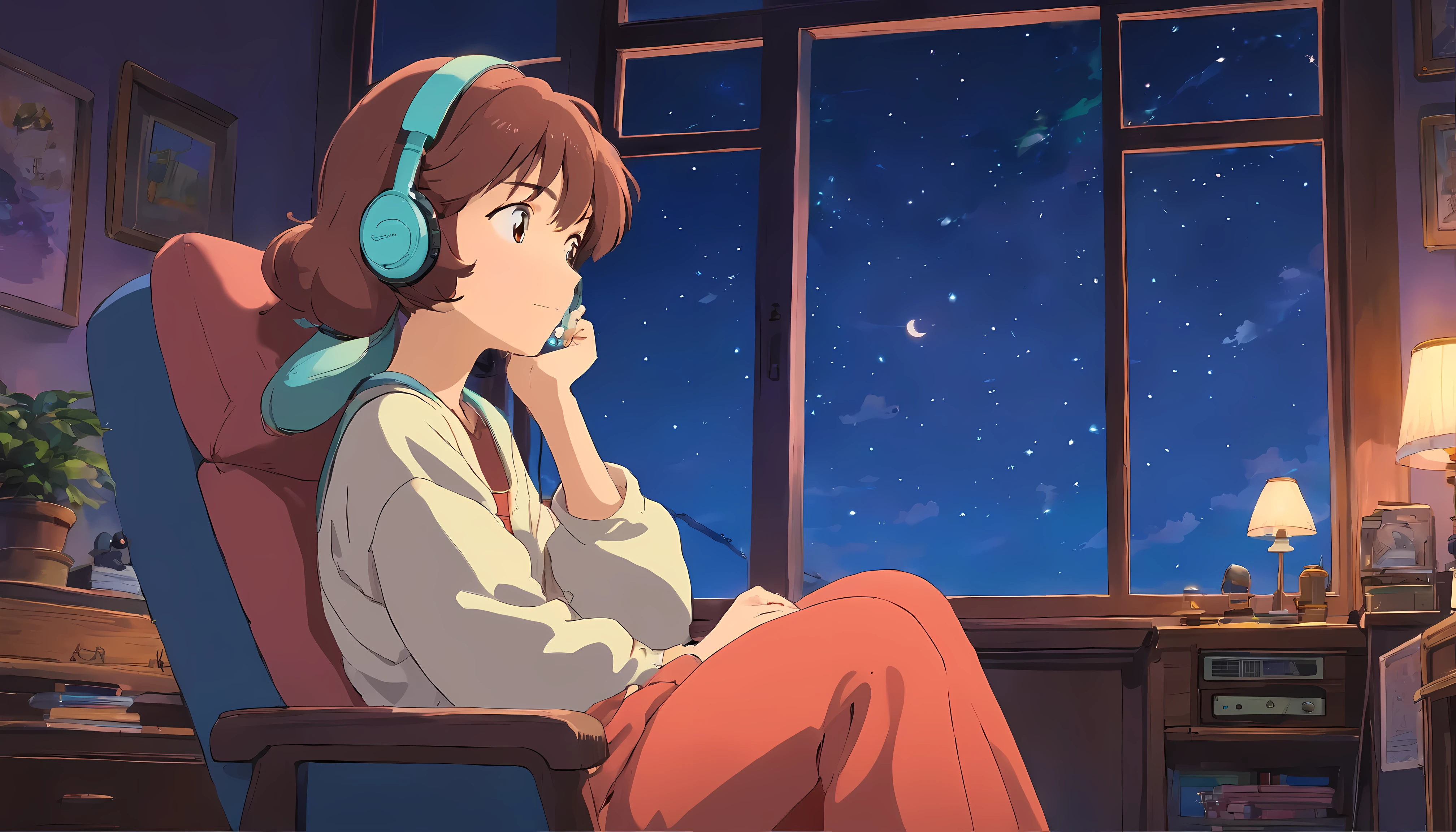 1980s city pop culture。Ghibli anime。night sky。A girl wearing headphones in her bedroom, leaning her chin on her hands and looking outside。relaxing and resting in the chair。A clear picture