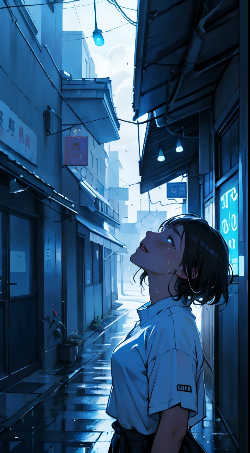 Anime girl looking up at a building in a city - SeaArt AI