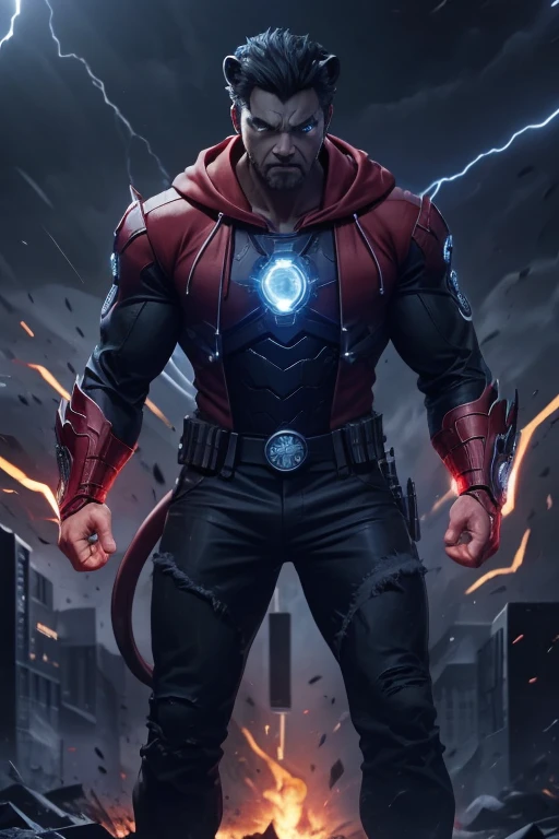 a loin, red shirt with black hoodie, hands in pocket, white skin, glowing red eyes, solo, mechanicl legs, dark night, city fire, red horns, looking like a devil, intricate details, 8k lion details, front two tooth show in face, arc reactor front chest, fire arc reactor, super body like hulk, realistic,charater background yellow and red rang.
