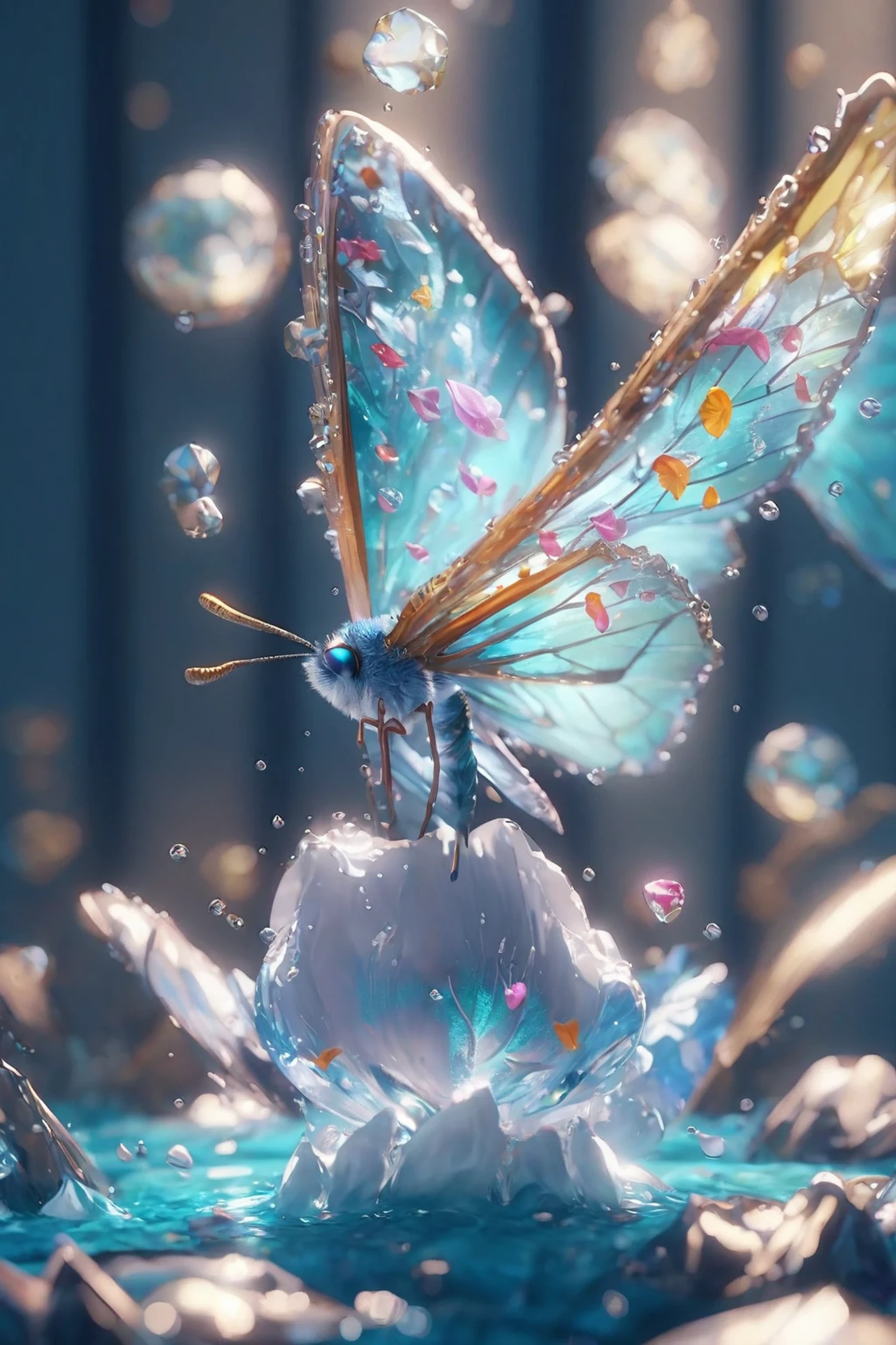 There is a butterfly perched on a flower in the water, 4k highly detailed digital art, 3D digital art 4k, Beautiful digital artwork, Detailed digital 3D art, 3 d render bipur, 🌺 CG society, 3d rendering digital art, Beautiful composition 3-D 4K, bipur. Surrealism,Ultra clear butterfly