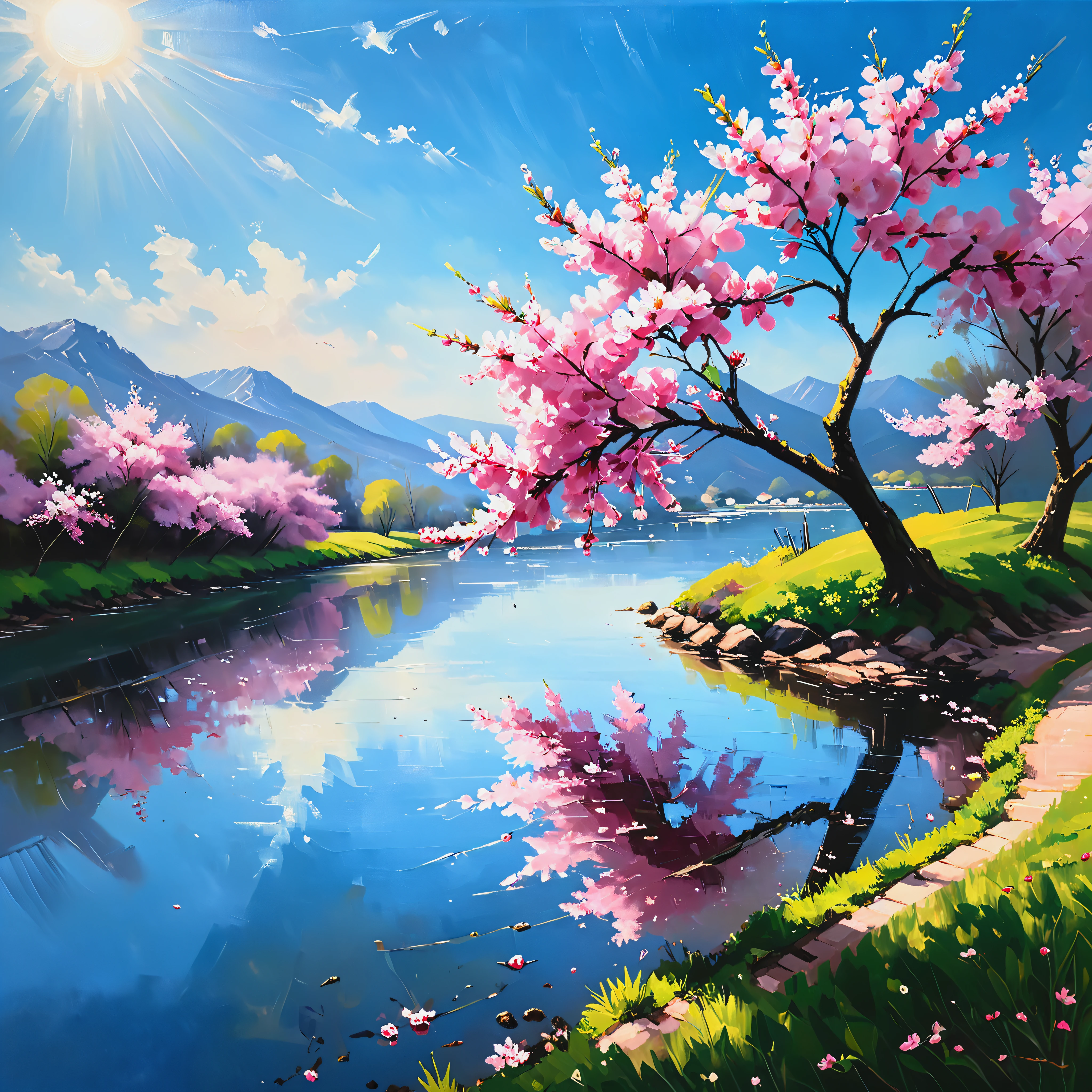 oil painting, Cherry blossoms, Sky (blue), Flowers (pink), Natural scenery, Fresh and clean, Cherry blossom tree, Springtime, Beautiful landscape, riverside,  Sunlight, Warm atmosphere