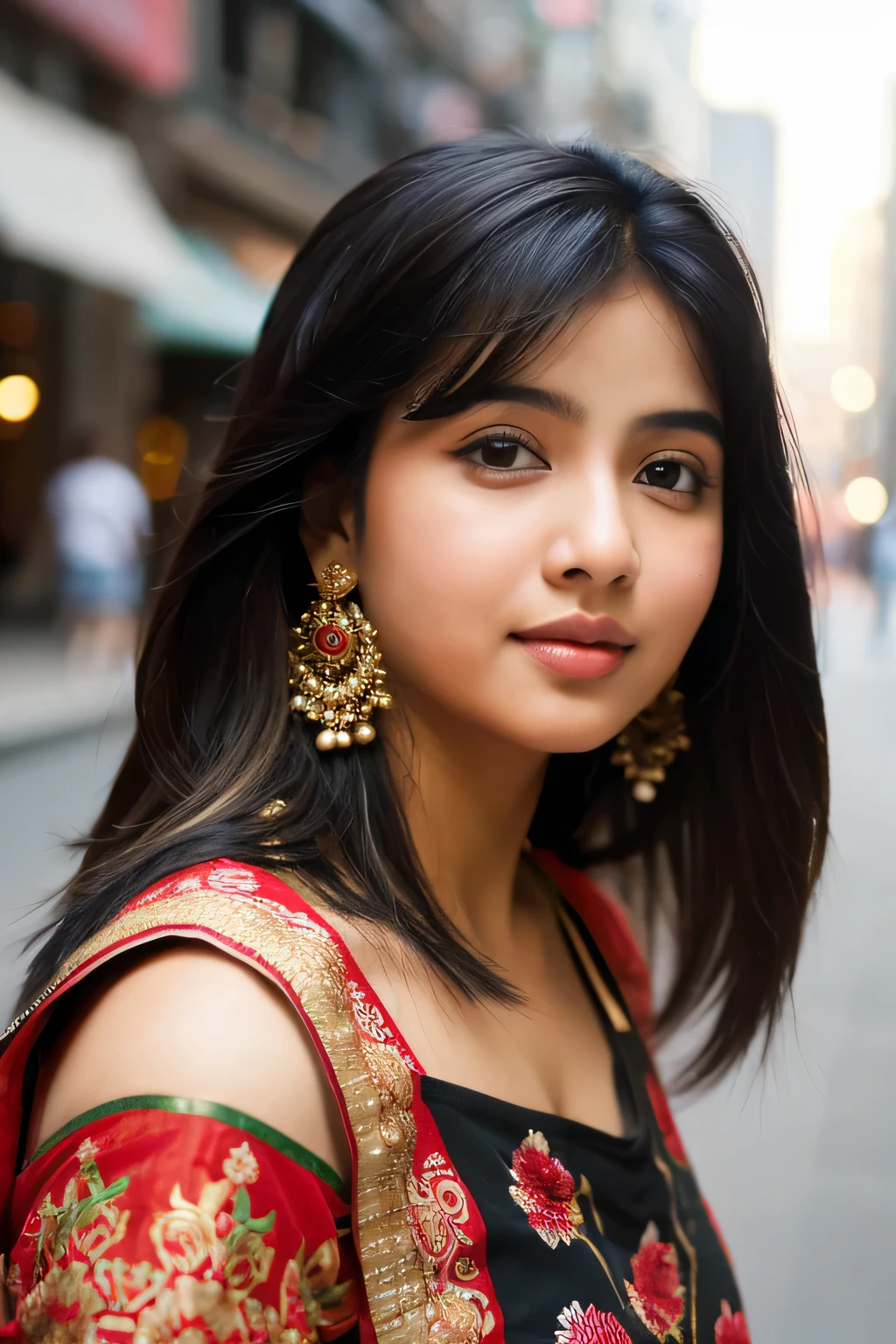 (((desi girl))), chubby face, natural skin, wearing hot deep neck top and red dupatta, charming black hair, ((hair ends are blonde)), city streets background, bokeh