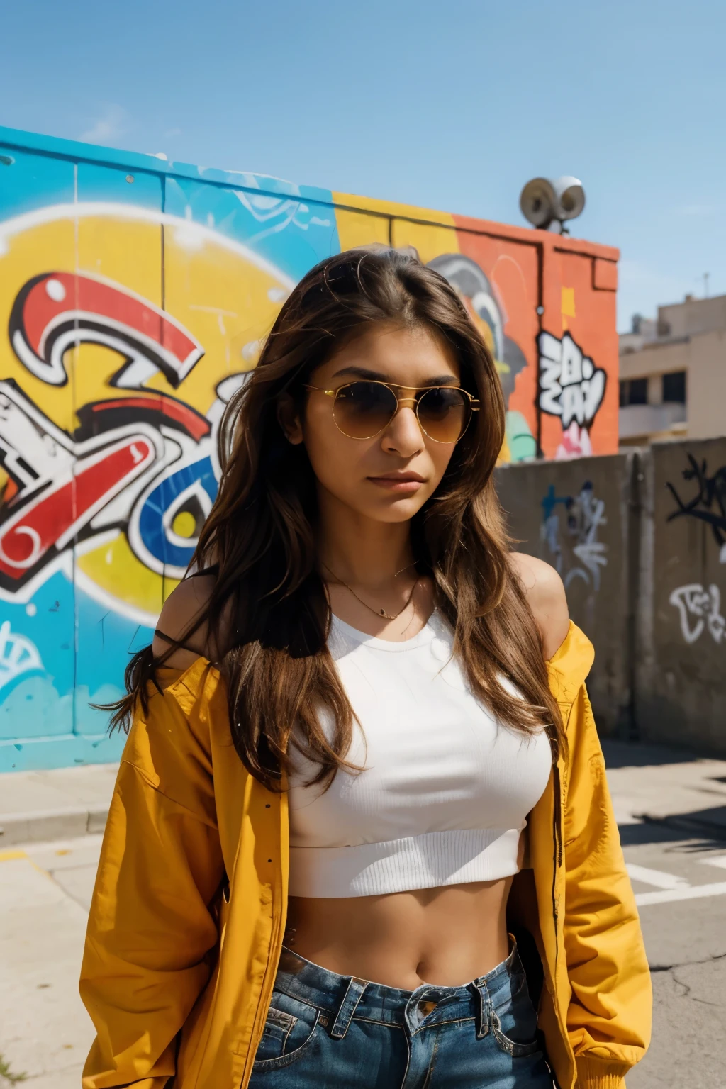 (best quality, highres, ultra-detailed: 1.1), Cinematic portrait of Mia Khalifa, embodies cool confidence with her unique style, Sporty outfit adorned with modern elements, Wavy brown hair cascades down her shoulders, Sunglasses perched on the top of her head, (Expressive eyes: 1.3), Lean figure accentuated by the outfit, Hands in the pockets, Relaxed and carefree demeanor, Bright sunny day, Warm colors complementing her attire, Vibrant background of urban graffiti, (Street art: 0.7), Bold and unapologetic, Focus