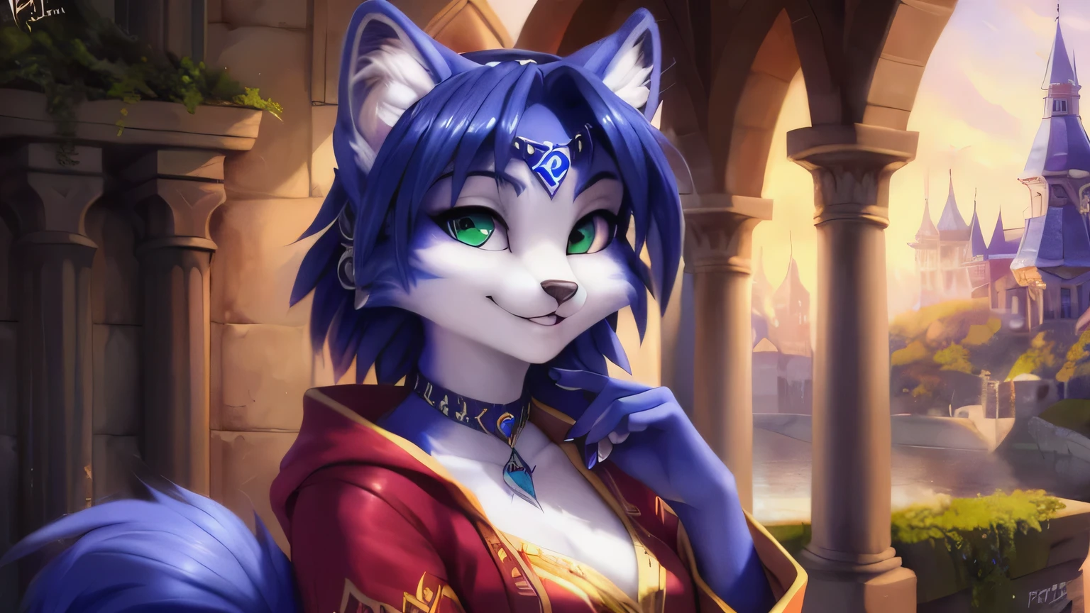 A beautiful and detailed (sweet portrait) von ((Krystal)), Sternenfuchs Krystal, Schlank, liebenswert, Green eyes, Small breasts, fantasy robe, Dekollete, Grinsen, hoch schauen,, Anthro, Pelzig, holografischer Bildschirm, Hochgeladen E621, detailed flauschige fur, (von Fluff-Kevlar, Bayard Wu, personalami, Pino Daeni), detailliertes Gesicht, (flauschige), 1girl, Allein, kein Wasserzeichen