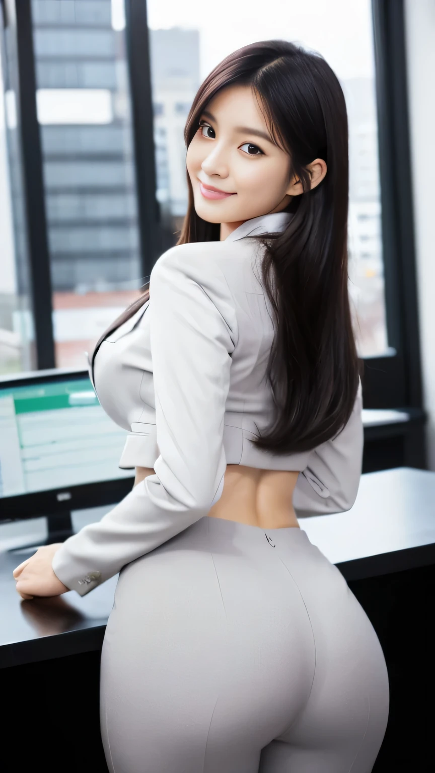 highest quality, masterpiece, ultra high resolution, (realistic:1.4), Raw photo, very detailed, perfect anatomy,
Very beautiful Japanese female office worker、
1 girl, 25 years old, most popular japanese idols, ((Upturned buttocks wearing light grey business suit pants):1.2), (He is wearing a matching light gray business suit over a white dress shirt.), innocent smile,
Very cute face like the most famous Japanese idol, very beautiful big black round eyes, ((very beautiful black hair)), very beautiful slender body, very beautiful breasts, Very beautiful ass in light gray business suit pants, very beautiful thin thighs, very beautiful realistic skin, Focus on the buttocks、Turn around and look at the camera、
detailed matching business suits, Fine white dress shirt