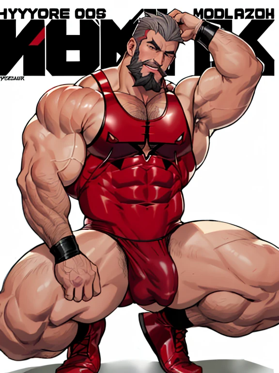 absurderes, hight resolution, 1male people, full body visible (wrestling Magazine covers:1.2), Yaoi(bara) , Stubble,clothes down, matured male, ruggedly handsome face(Zangief), dark eyes, mustache, old face, beefy,thick dark eyebrow, thick eyebrows, Male Focus, designed beard、(wearing red ), big bulging crotch, big crotch, , wrestling uniform, red wrestling singlet, squatting with , crotch in focus, Detailed body,Ultra-detailed eyes,hyperdetailed face,(Gray hair:1.2),(All Back Hair:1.2)、(Very short hair:1.2),(hyper pecs:1.5),Open Claus,(Soft smile:1.2),Perfect ligthing,(flexing biceps:1.2)