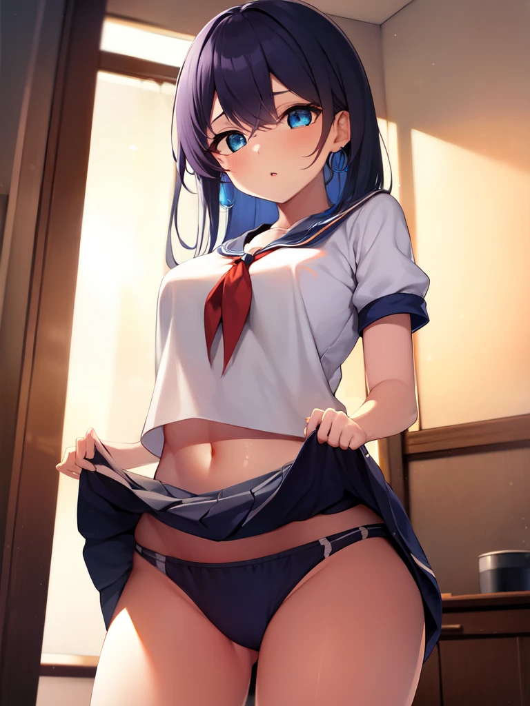 1girl, solo, long hair, breasts, looking at viewer, blush, bangs, blue eyes, skirt, shirt, navel, hair between eyes, jewelry, medium breasts, , blue hair, standing, white shirt, purple hair, short sleeves, cowboy shot, pleated skirt, earrings, parted lips, serafuku, midriff, shiny, indoors, sailor collar, clothes lift, shiny hair, lips, blue skirt, neckerchief, shiny skin, skirt lift, lifted by self, blue sailor collar, red neckerchief, buruma, blue buruma