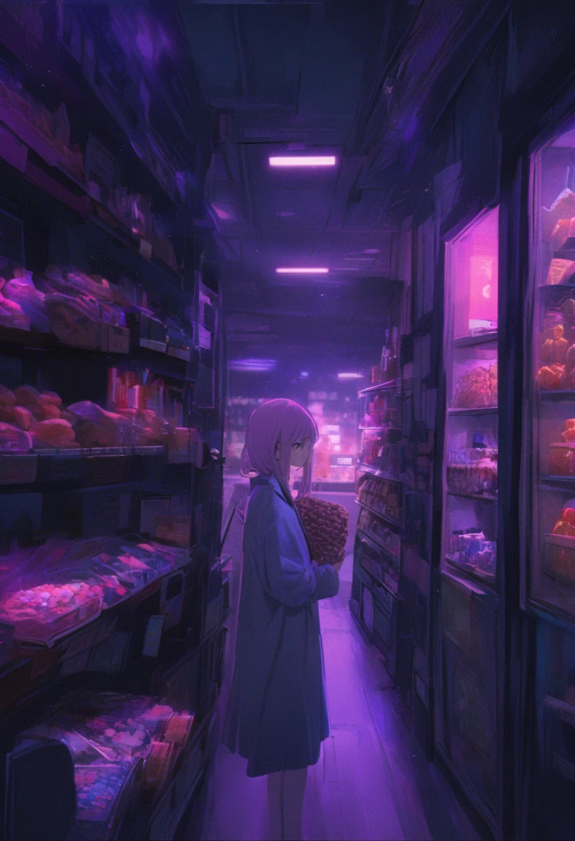 1girl, midnight convenience store, aesthetic, Neon Night page, vibrant city lights, dimly lit shelves full of snacks and drinks, a cashier with tired eyes, fluorescent lighting casting a soft glow, late-night customers browsing the aisles, flickering neon signs outside the store, a sense of mystery and solitude, a hazy atmosphere with a touch of nostalgia, cinematic and atmospheric, high-res details capturing the smallest nuances, a combination of realism and dream-like quality, urban aesthetic blending with a hint of surrealism, cool blue and purple tones, soft shadows and subtle highlights, an ambiance that evokes a sense of tranquility and possibility in the midst of the night.