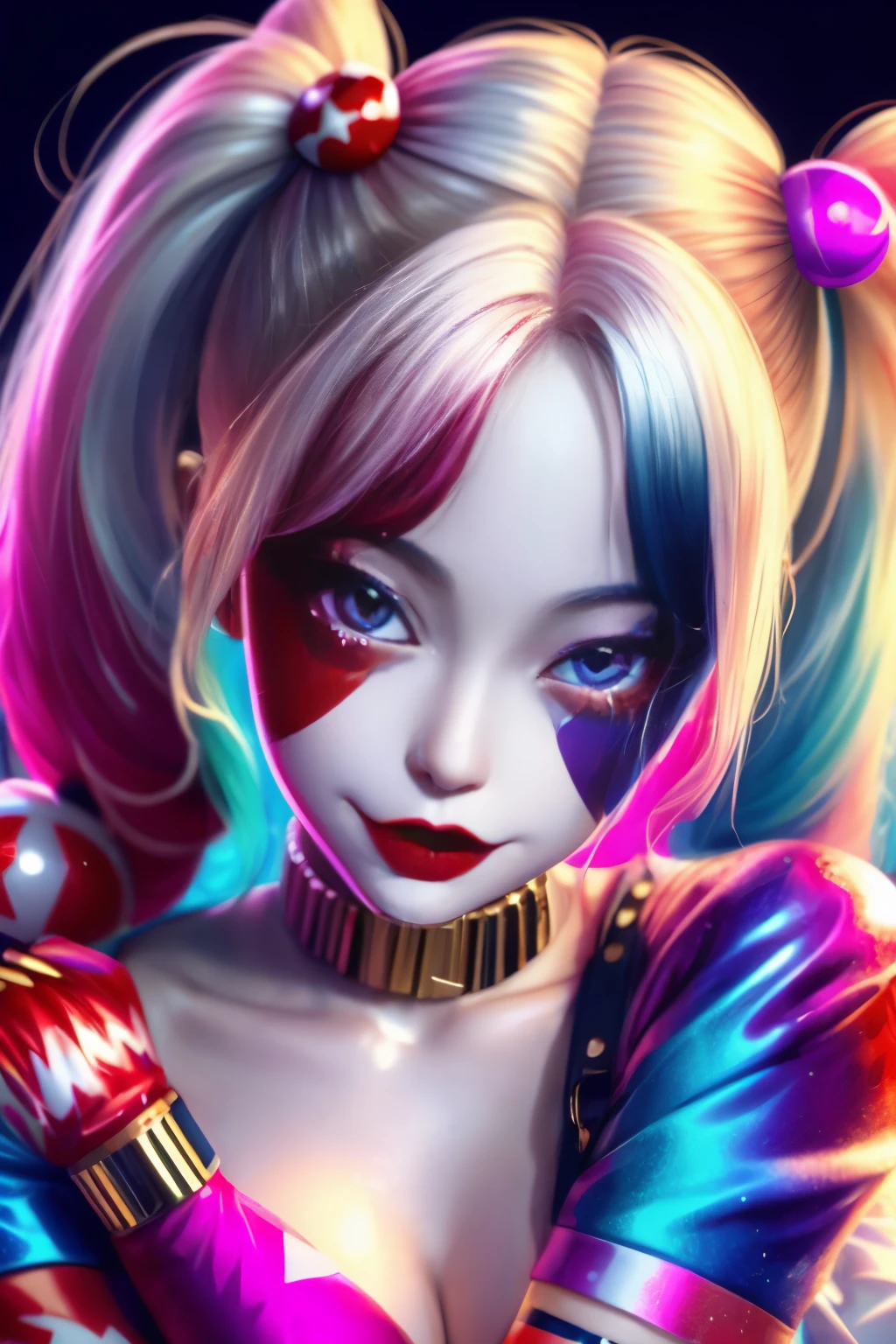 Hyper-realistic portrait of a Japanese girl dressed as Harley Quinn, colorful and playful outfit, close-up, shallow depth of field, soft lighting, high resolution, accurate representation, unique, creative, well-lit, clear details, Canon EOS R5, 50mm lens, f/1.4, charming, playful, sophisticated, well-composed, unique pose