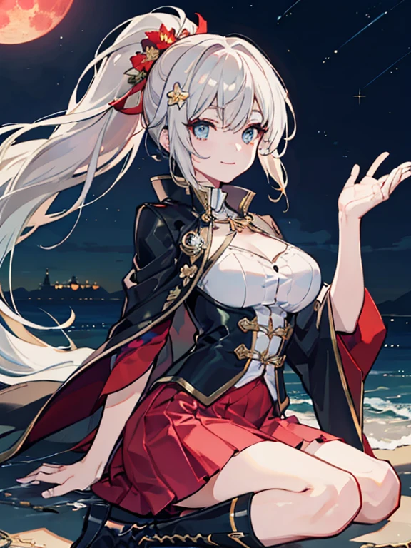 (masterpiece, highest quality,8K quality) adult woman, married woman, red long hair,Tense atmosphere, red long skirt, 黒のロングboots, wife, Wearing black mage robes, 50 year old woman looking away, detailed face, fine eyes, 暗赤colorの目, thin droopy eyes, {{{narrow eyes}}}, Long contour, 白と金colorの髪飾り,金colorの髪飾り,boots,ponytail、Bushy hair,Large hair ornament,Gold flower,white flower hair ornament,half up, {{{night sky with multiple shining meteors}}}, Red Moon,Moonlight shining in, dawn, straight bangs, 長い赤毛のponytail, gothic, big breasts, Knee-high portrait, color, cinematic lighting, highly detailed face, detailed face, beautiful face, beautiful eyes, perfect lighting,parted bangs, written boundary depth, realistic proportions, excellent anatomy,makeup gremory, small details. girl'face,destiny style, Trending on Art Station Pixiv, seductive anime woman, Video game, A soft smile with closed mouth, Beautiful woman, {{{A squishy smile}}}, macross style,Futurism, shining light, UHD, retina, masterpiece, Accurate, anatomically correct,five fingers,白と金colorの髪飾り,boots,ponytail、Bushy hair,Large hair ornament,Gold flower,white flower hair ornament