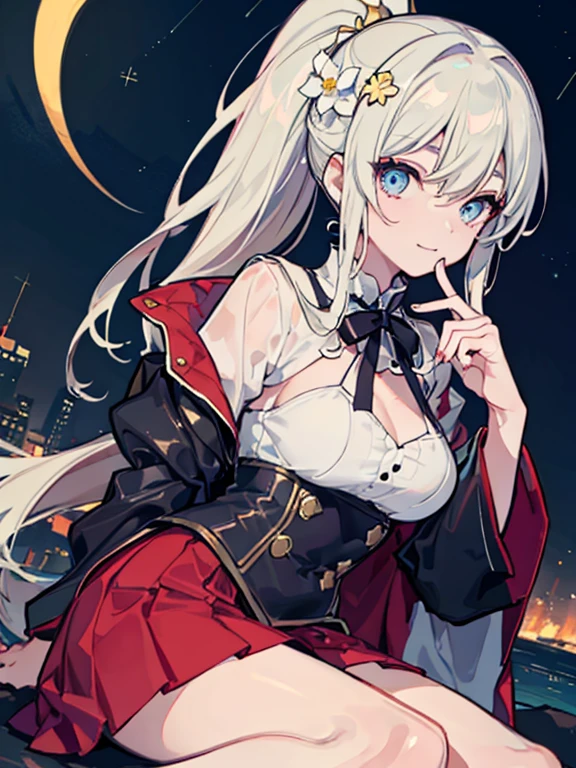 (masterpiece, highest quality,8K quality) adult woman, married woman, red long hair,Tense atmosphere, red long skirt, 黒のロングboots, wife, Wearing black mage robes, 50 year old woman looking away, detailed face, fine eyes, 暗赤colorの目, thin droopy eyes, {{{narrow eyes}}}, Long contour, 白と金colorの髪飾り,金colorの髪飾り,boots,ponytail、Bushy hair,Large hair ornament,Gold flower,white flower hair ornament,half up, {{{night sky with multiple shining meteors}}}, Red Moon,Moonlight shining in, dawn, straight bangs, 長い赤毛のponytail, gothic, big breasts, Knee-high portrait, color, cinematic lighting, highly detailed face, detailed face, beautiful face, beautiful eyes, perfect lighting,parted bangs, written boundary depth, realistic proportions, excellent anatomy,makeup gremory, small details. girl'face,destiny style, Trending on Art Station Pixiv, seductive anime woman, Video game, A soft smile with closed mouth, Beautiful woman, {{{A squishy smile}}}, macross style,Futurism, shining light, UHD, retina, masterpiece, Accurate, anatomically correct,five fingers,白と金colorの髪飾り,boots,ponytail、Bushy hair,Large hair ornament,Gold flower,white flower hair ornament