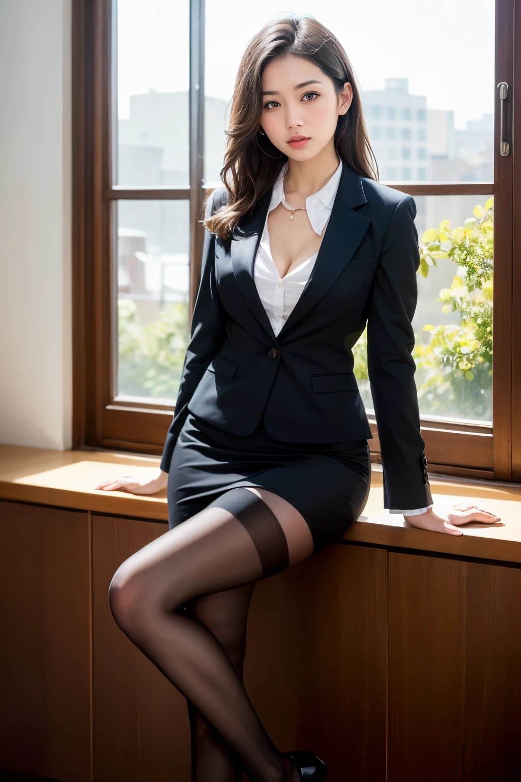 (highest quality、masterpiece、official art、High resolution:1.2)、Highly detailed CG uniform 8k wallpaper、vivid picture、super detailed、(The only girl:1.2)、woman, (high detail skin:1.2)、secretary、formal, , in a black suit, black jacket, (A white shirt with a wide open chest), black pencil skirt, skirt and thighs、Lift up your skirt and show your thighs、(Super realistic black pantyhose:1.6), (square glsses:1.4), Sitting in the bay window、full body shot