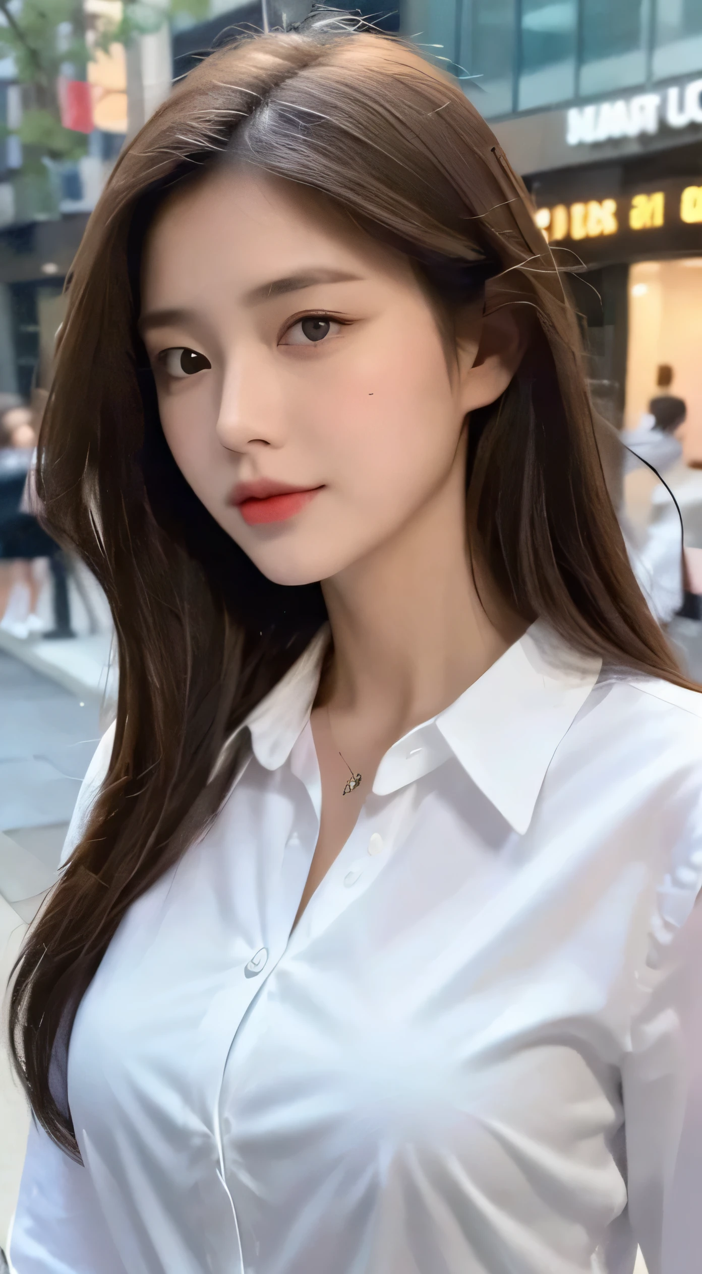 ((best quality, 8K, masterpiece :1.3)), sharp focus :1.2, beautiful woman,Perfect body :1.4, slim abs :1.2, ((Dark brown hair, big breasts :1.2)), (White Button-Down Long Shirt :1.1), city street:1.2, Highly detailed facial and skin textures, delicate eyes, double eyelids