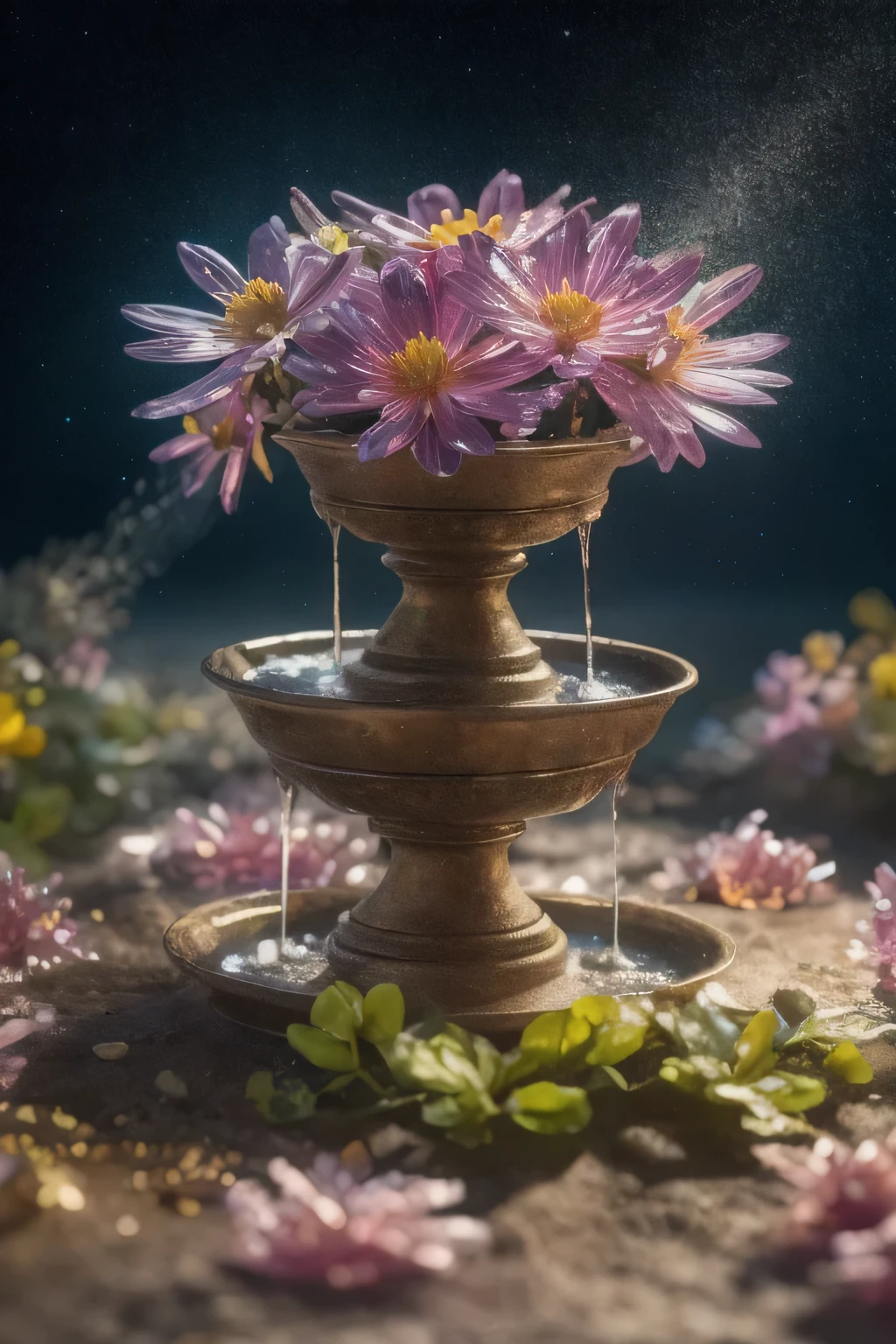 Take RAW photos in sequence, Image of a crystal fountain filled with flowers, imaginative themes, galaxy, transparente, palpitation, bright, bright, splendid, rich and colorful, Magic photography, dramatic lighting, photographic realism, Super detailed, 4K, depth of field, High resolution::3 - Aspect 9:16 Imagine the original photo sequence of crystal clear spring blooming stunning flowers, Whimsical galaxy theme, transparent,