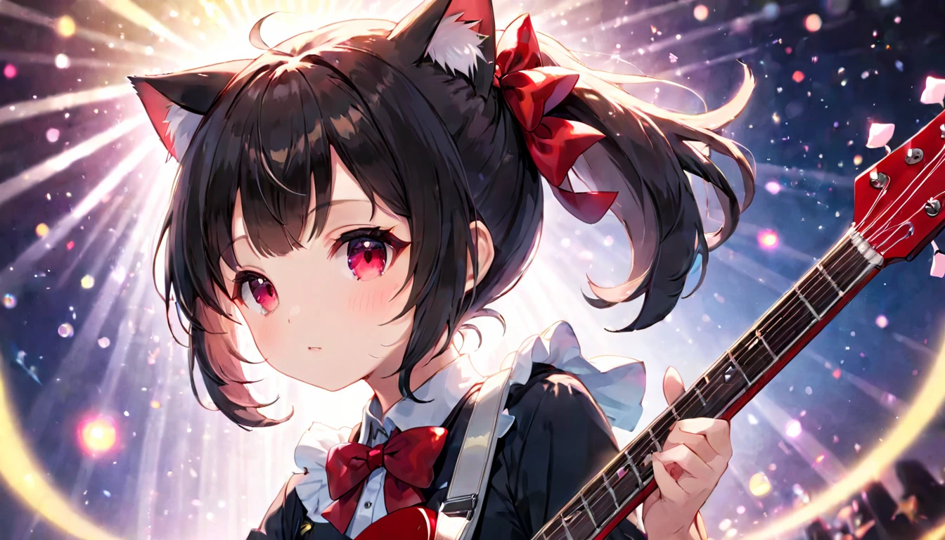 (masterpiece, best quality, very aesthetic, absurdres, general), 1 girl, cat ear, short ponytail, cute, kawaii, blunt bangs, short sideburns, red bow, focus on the face, fisheye, guitar,particles of light,hi shot