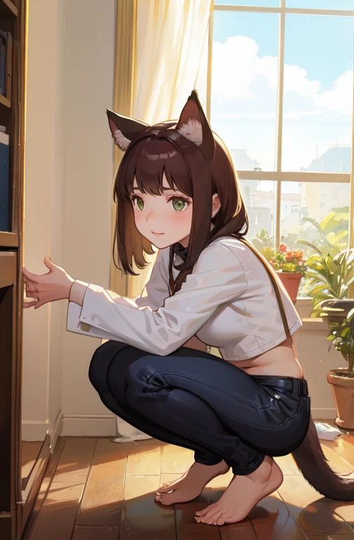 An anthropomorphic Siamese cat Loli Young little girl Watery eyes Aggrieved face Double ponytail messy Dark brown gradient hair color Ragged clothes Sitting cross-legged on a cardboard box Flat figure Short There are cat ears on the top of the head Showing a slender tail Pitiful demeanor The overall environment is tattered and poor