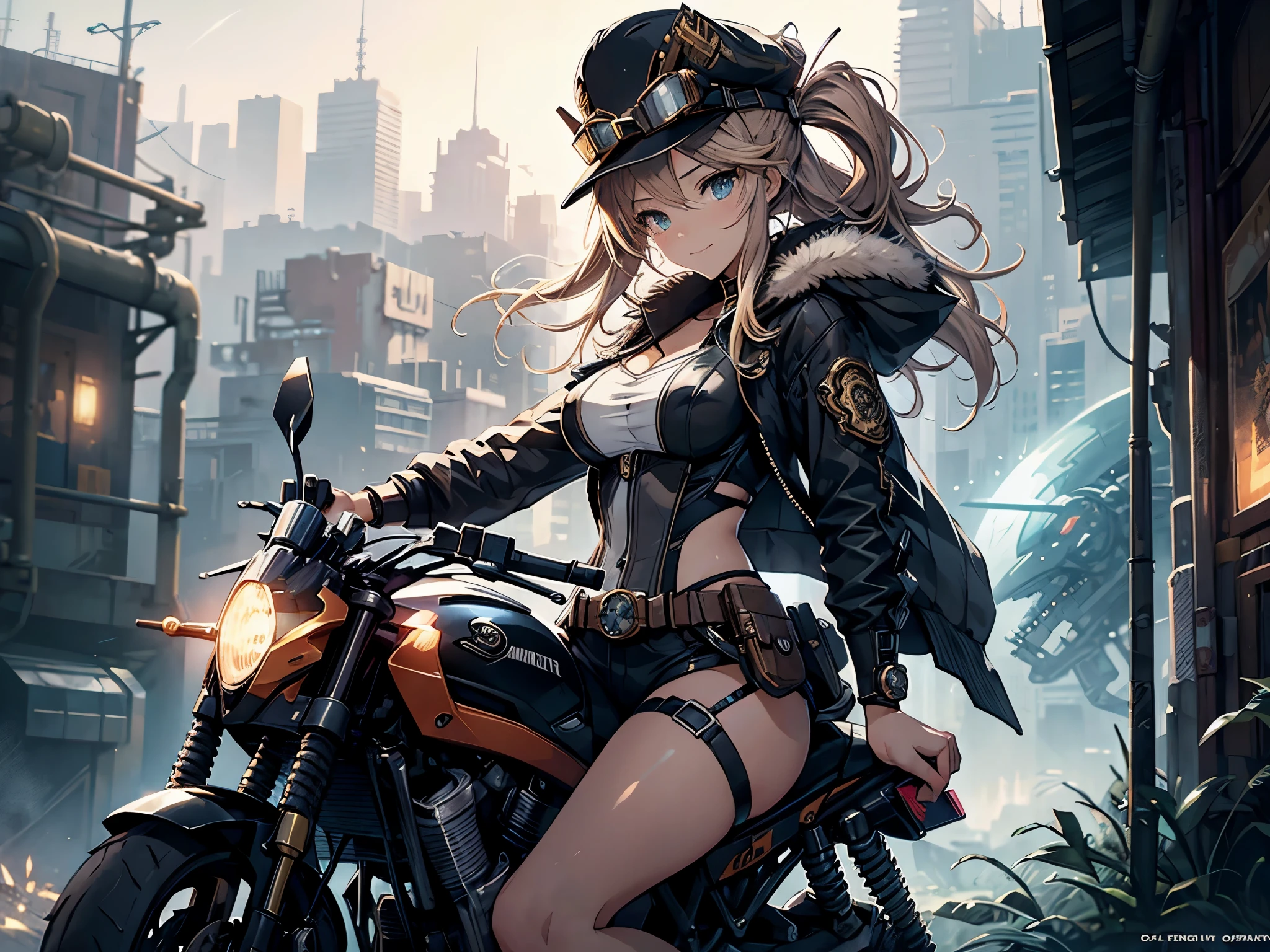 (comic book style),(line drawing_anime),(cowboy shot, highest quality, ),(Laura Budd Photos:1.2),(Laura Add Details:1.0),8K, flat color:0.8,dynamic angle,1 girl,smile、(Steampunk bike ride 1.5)、Exquisitely decorated motorcycle、(Highly decorative and complex mechanical steampunk fashion, lace flare dolphin hat、goggles 1.5、machinery background、Gear background、Intricately mechanized steampunk cityscape 1.5),