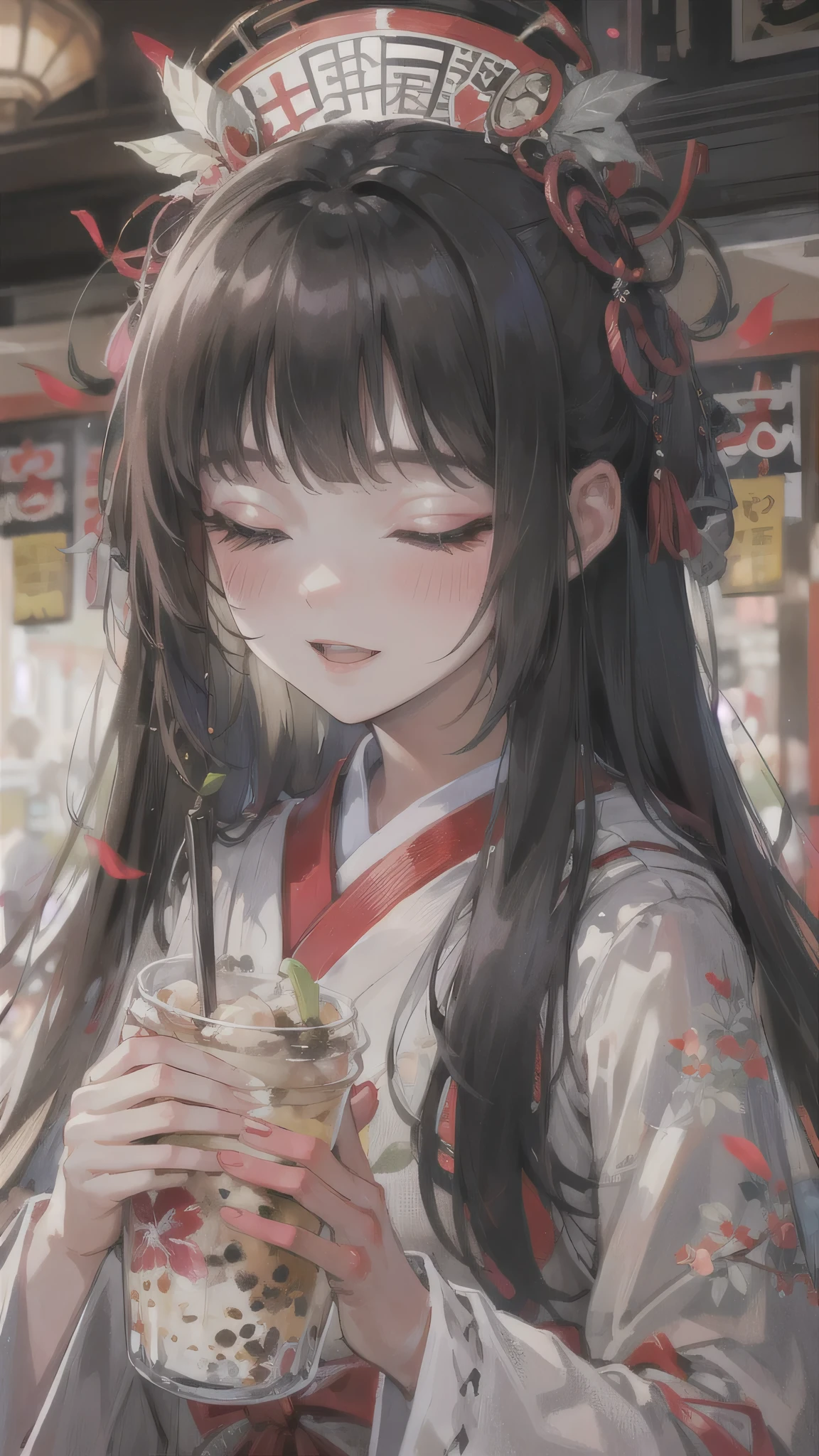 perfect anatomy, masterpiece:1.4, best quality, 8k, solo ((blunt bangs)) (black hair long hair cute girl, 15 yo, sexy closed eyes, blushing face, best smile), ((make-up)), break, drinking Frappuccino, (in a detailed:1.1 Shrine maiden costume), in the night Dazaifu.