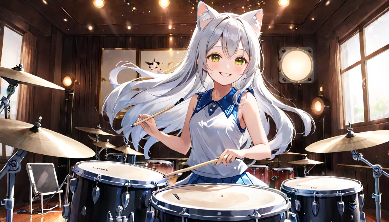 （one girl）、Cat ear、Girl playing drums、White drum set、Precisely shaped drumusic room、long silver hair woman、enchanting smile