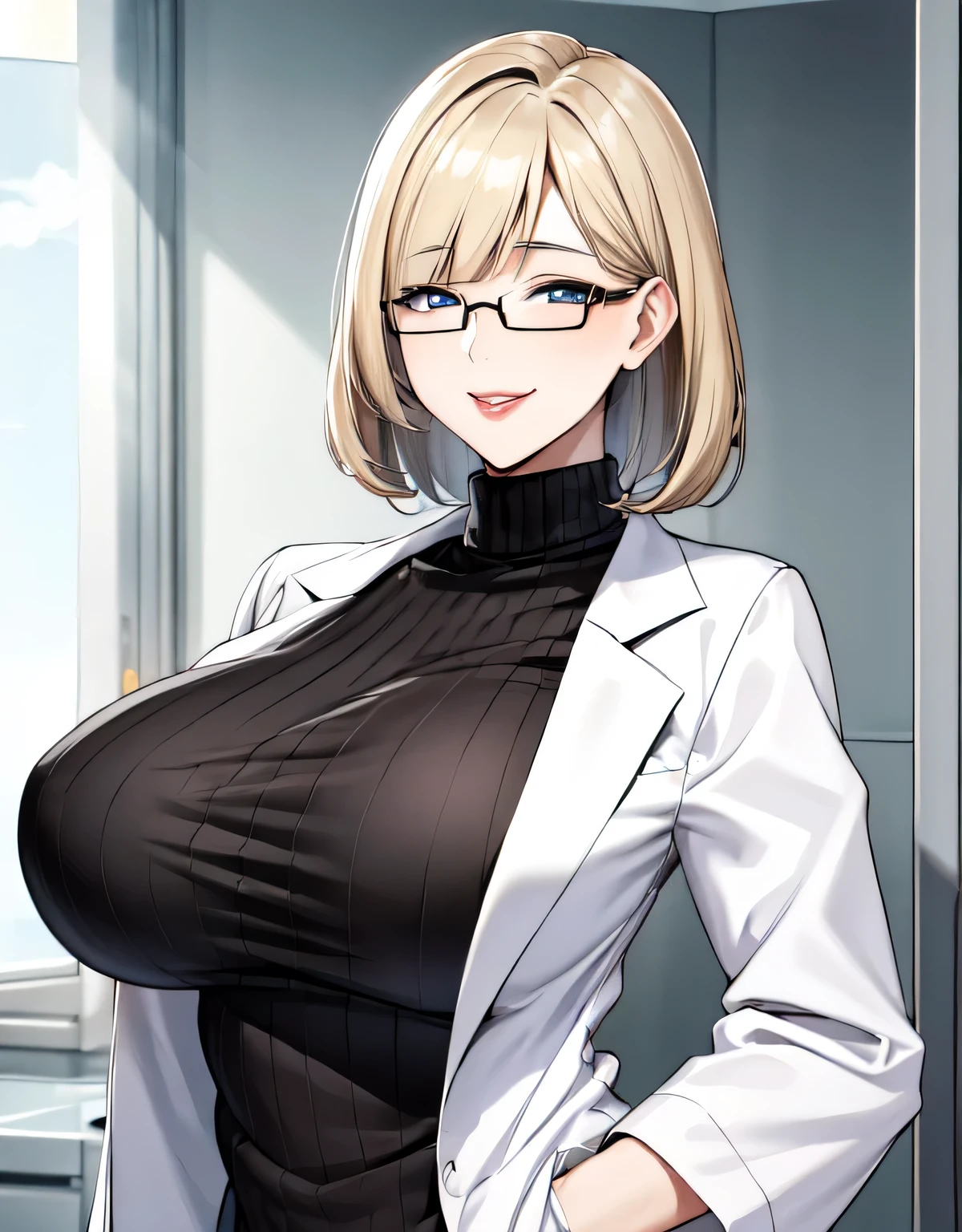 (large breasts:1.5),(shiny hair),((solo)),((masterpiece)),((best quality)),perfect anatomy,slim waist,perfect image,8k UHD,(beautiful detailed eyes:1.5),extremely detailed face,standing,(upper body:1.3),(look at the front:1.5),arms behindback,ultra-detailed,absurdres,highres,indoor,hospital,in a small clinic,blonde hair,((blunt bangs)),erotic lips,((sensitive smile)),white lab coat,Woman doctor,sexy mature women,30 years-old,black ribbed sweater,glasses,hands in pockets,semi-long hair,